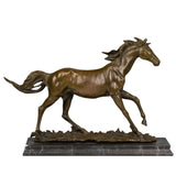 Dynamic galloping bronze horse sculpture with flowing mane and tail, realistic running horse statue on veined black marble base, loss wax casting fine art.
