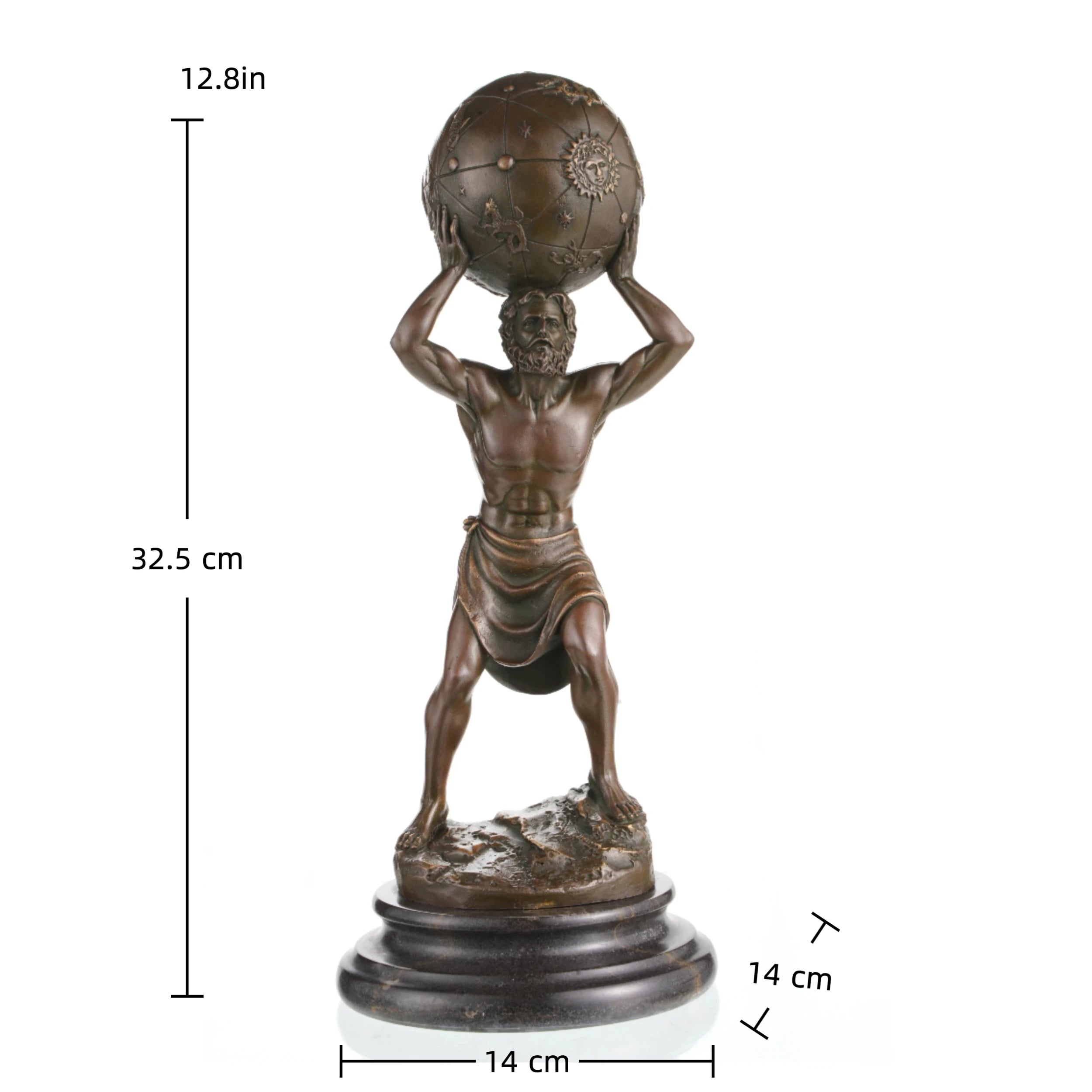 Powerful bronze Atlas sculpture holding celestial sphere with star charts, Greek Titan god statue on tiered circular dark marble base, loss wax casting mythological art.