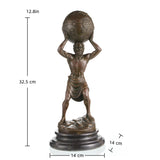 Powerful bronze Atlas sculpture holding celestial sphere with star charts, Greek Titan god statue on tiered circular dark marble base, loss wax casting mythological art.