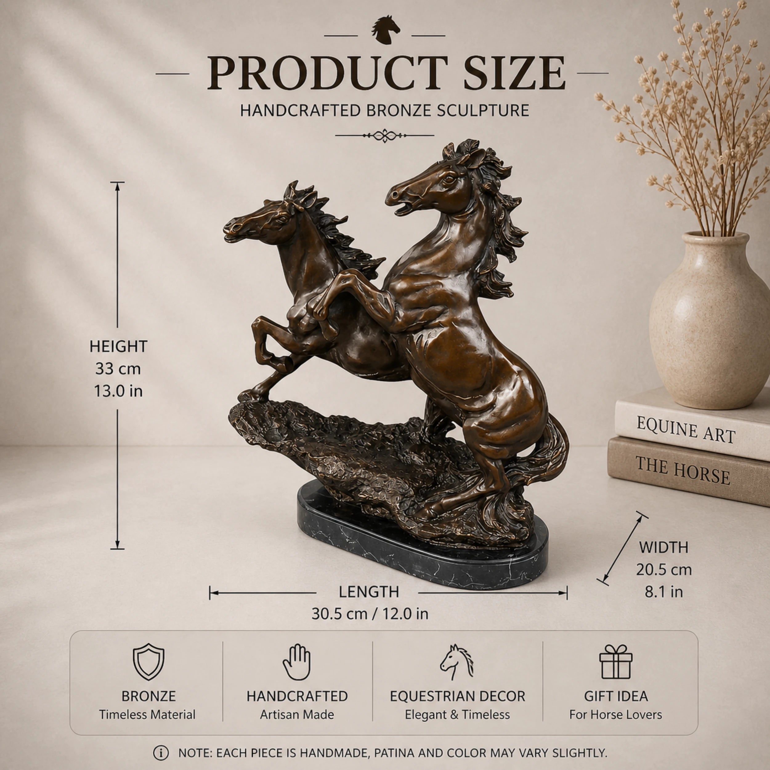 Handcrafted bronze sculpture of two rearing horses with lifelike detail. A dynamic piece symbolizing unity and ambition, perfect for home and office decor.