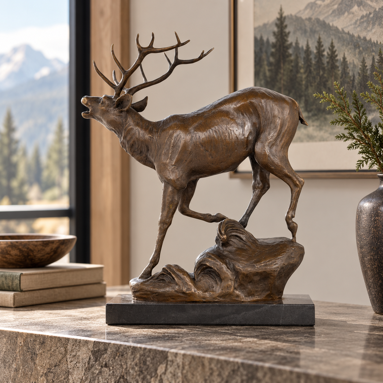 Bugling bronze stag sculpture displayed as majestic wildlife decor in a refined lodge or office interior