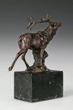 Handcrafted bugling elk bronze statue with large branching antlers and marble base, ideal for offices, studies, cabins, lodges and wildlife-inspired interiors.