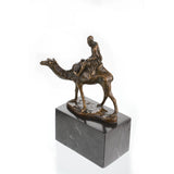 Solid bronze Bedouin desert traveler on camel sculpture, Orientalist art on dark marble base, rugged office decor for travelers.