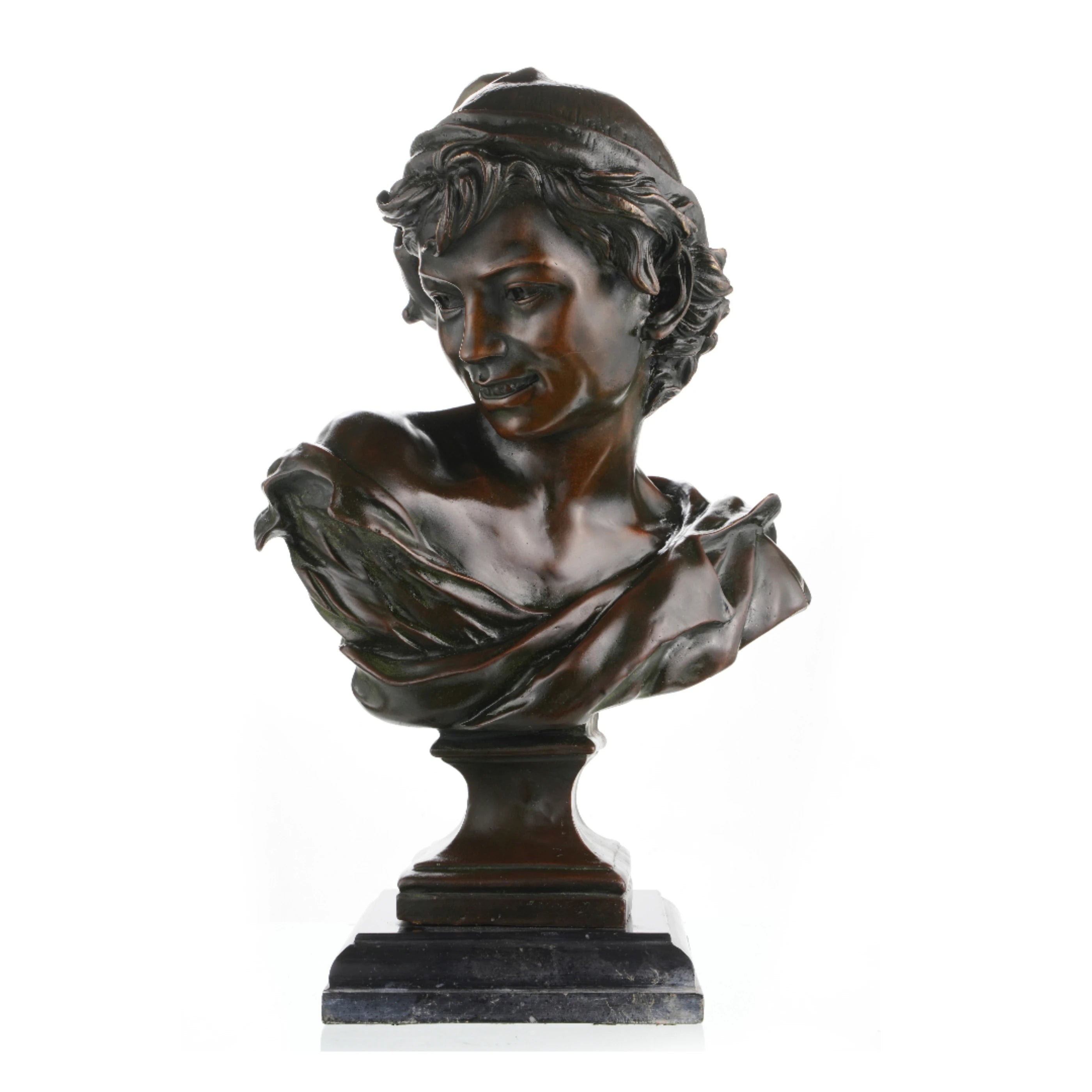 Neoclassical bronze bust sculpture of a Neapolitan fisherboy in Carpeaux style. A finely detailed collectible artwork with rich patina and classical craftsmanship.