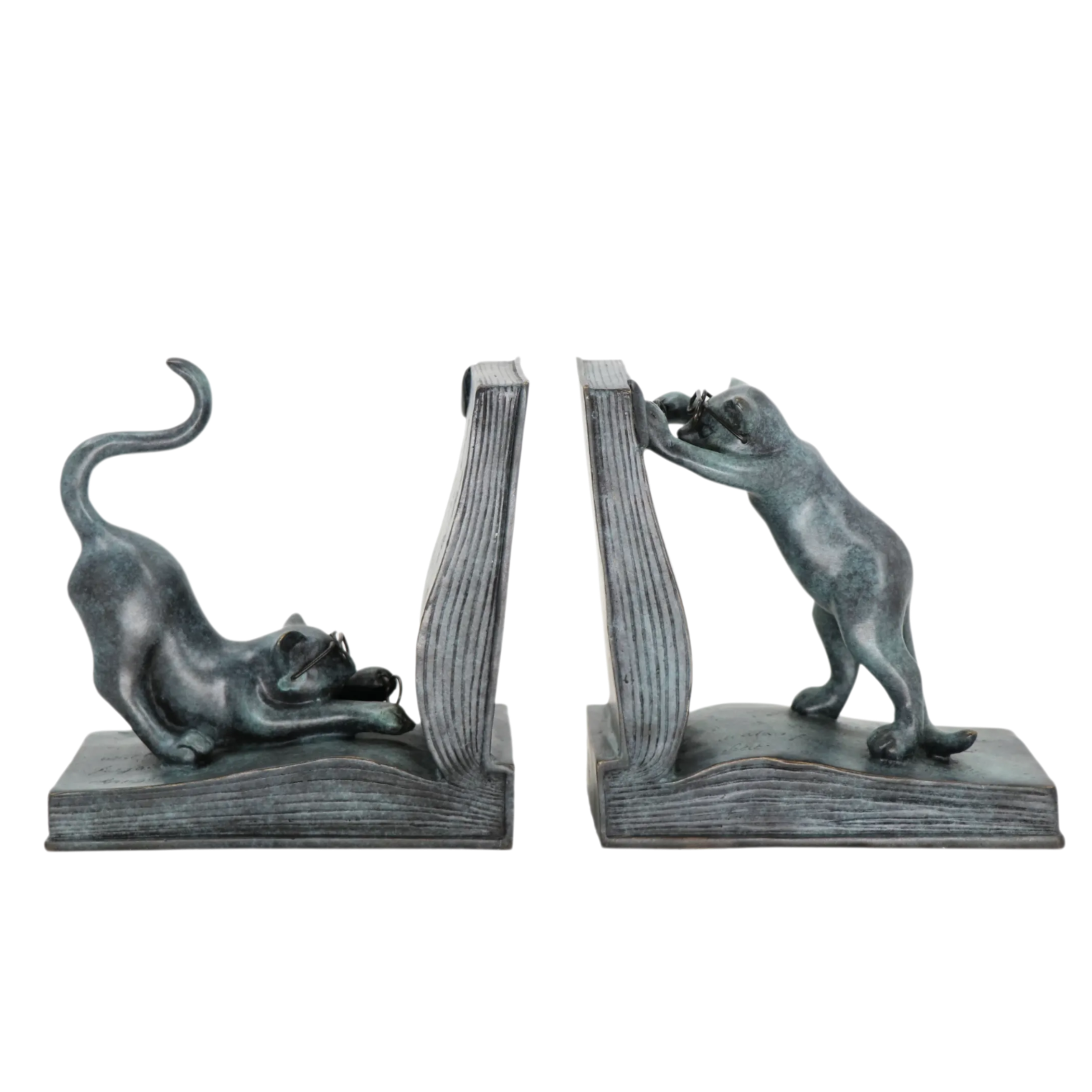 Pair of playful cat bronze bookends with sculpted book design