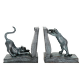 Pair of playful cat bronze bookends with sculpted book design