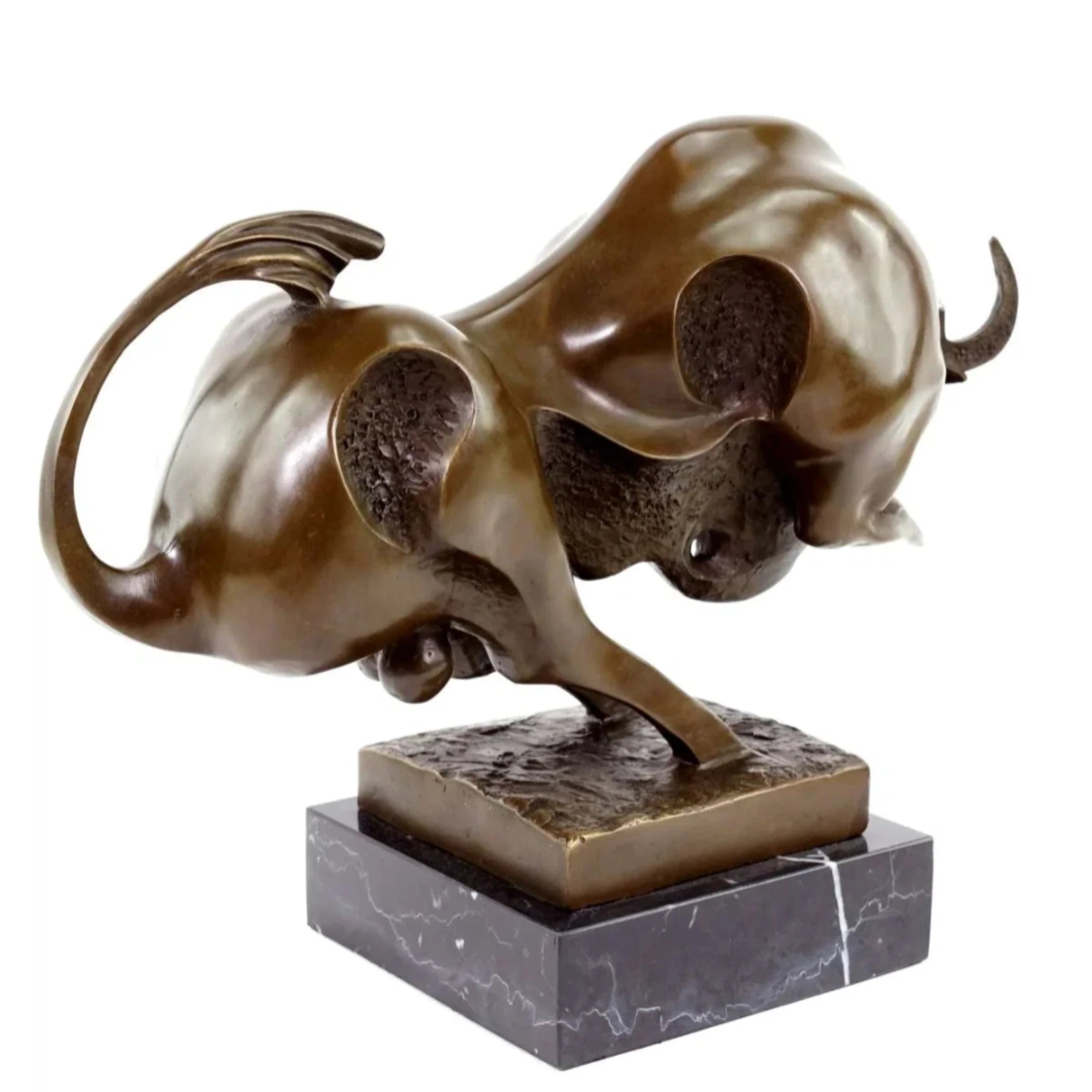 Side view showing abstract charging posture of bull sculpture