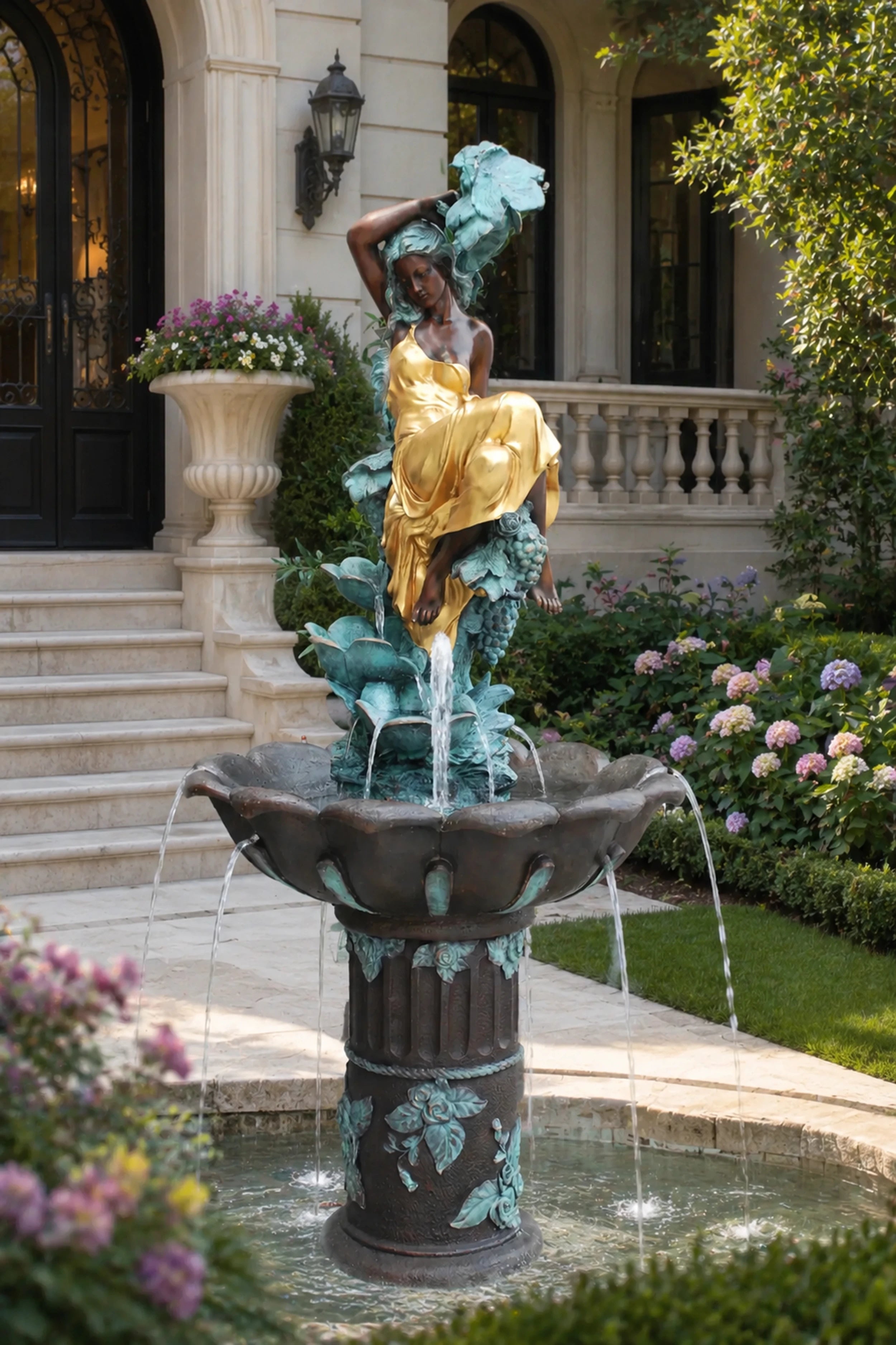 Handcrafted bronze lady garden fountain featuring elegant classical female sculpture. Ideal for villas, courtyards, luxury gardens, and landscape projects.