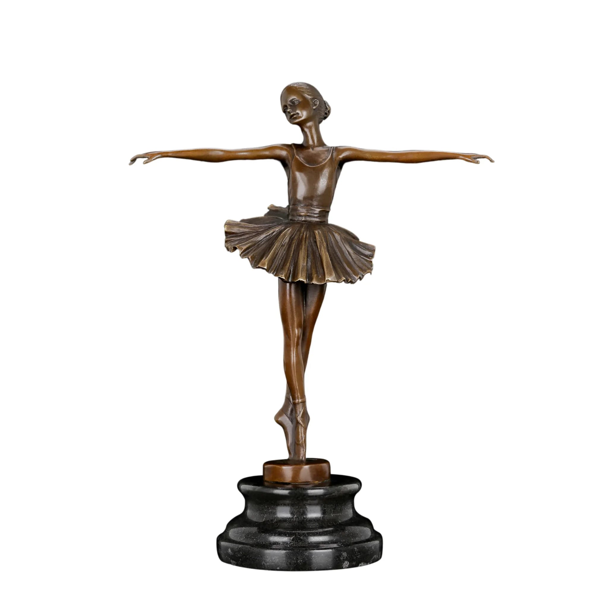 Front view of classical ballerina bronze sculpture with outstretched arms and pointe shoes