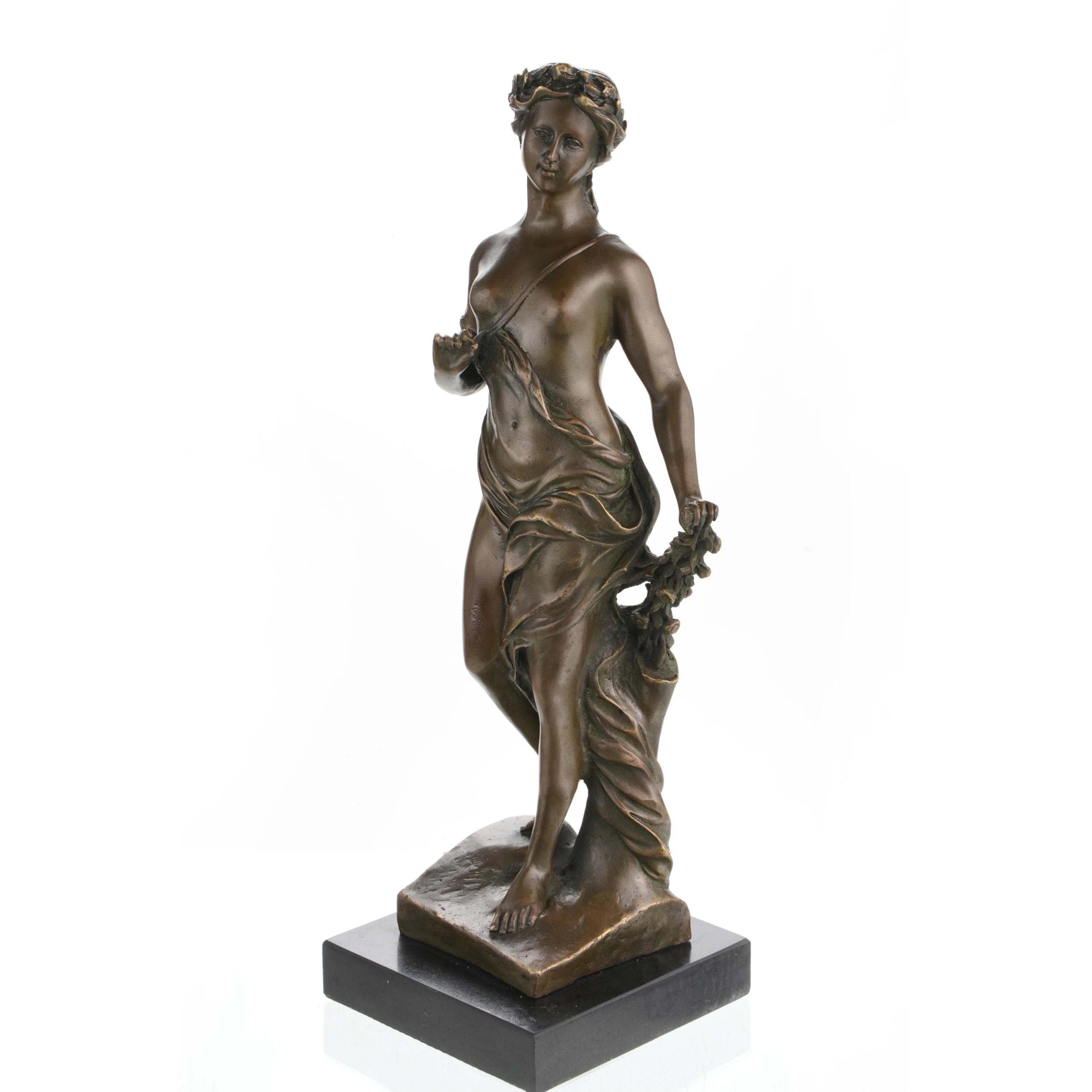 Elegant classical bronze female sculpture inspired by Greek goddess forms. A timeless art piece symbolizing beauty, nature, and grace.