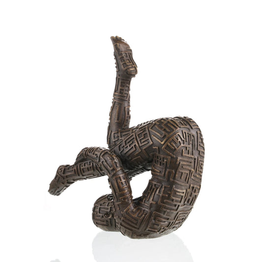 Contemporary abstract bronze sculpture of a contorted human figure with maze-like patterns. A conceptual artwork exploring constraint, complexity, and the human condition.