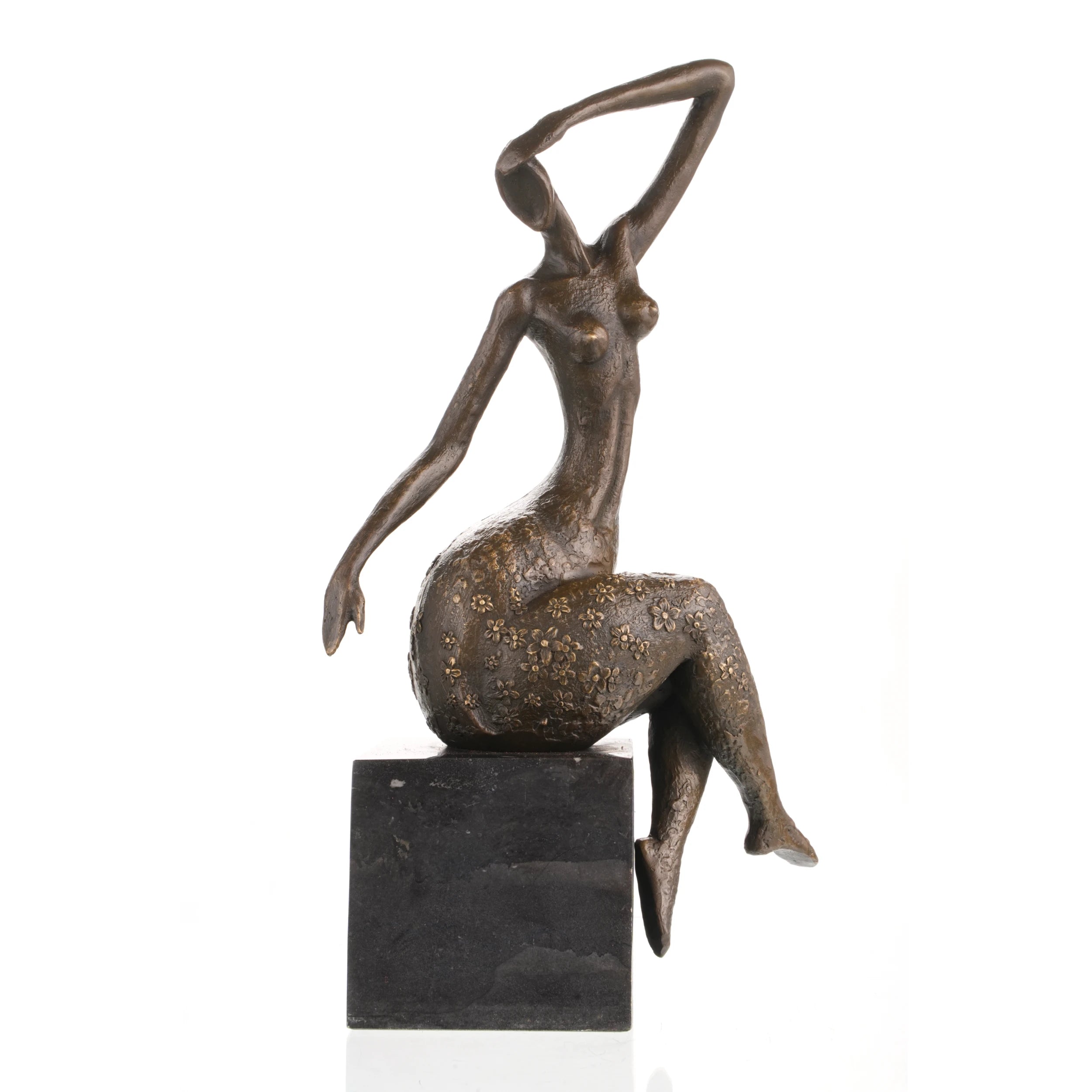 Contemporary abstract bronze seated female sculpture with golden floral motifs, graceful woman statue with raised arm on black marble base, loss wax casting modern art.
