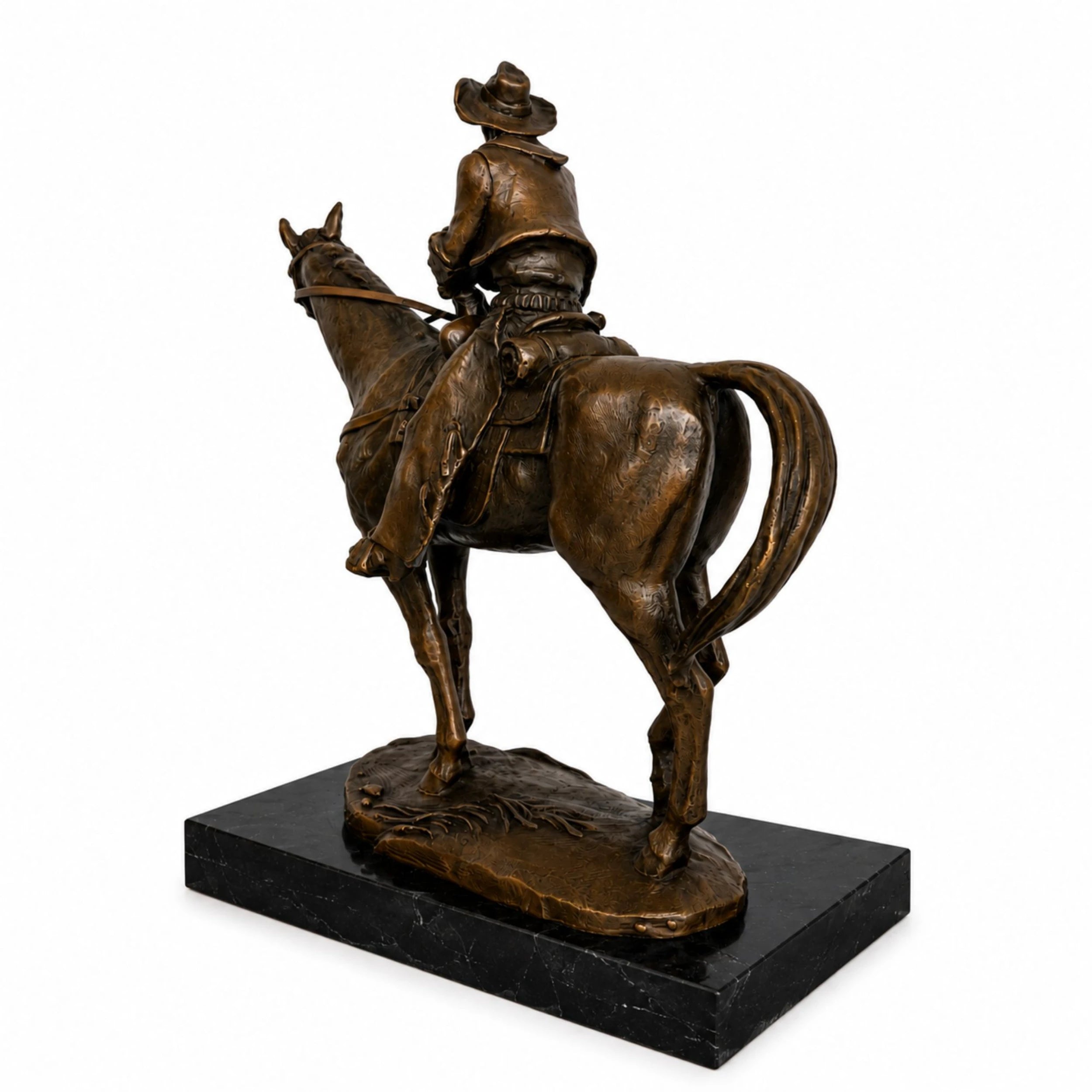 Cowboy on Horse Bronze Sculpture three-quarter view