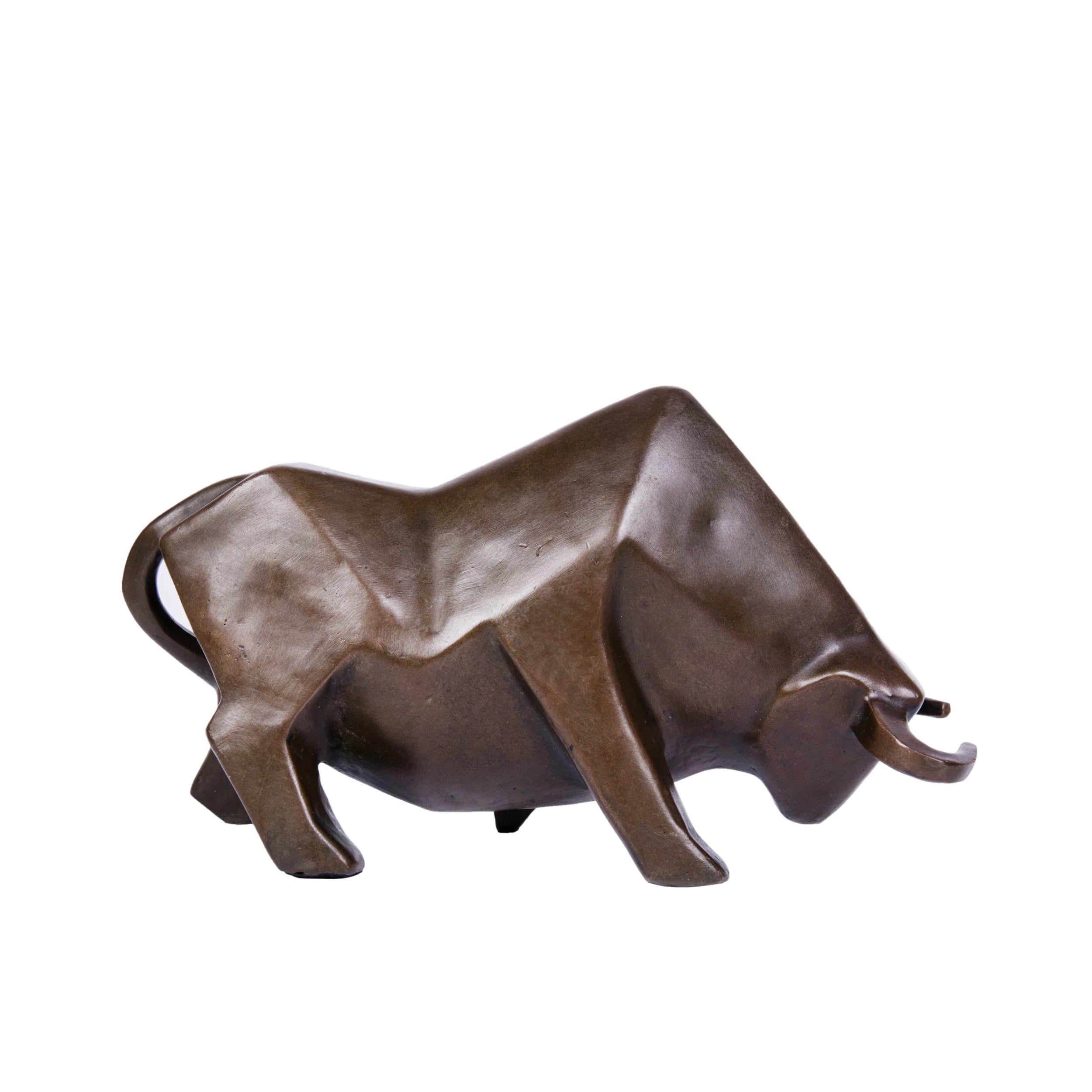 Cubist abstract bronze bull sculpture with geometric faceted planes, charging bull statue on black marble base, loss wax casting modern art.