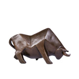 Cubist abstract bronze bull sculpture with geometric faceted planes, charging bull statue on black marble base, loss wax casting modern art.