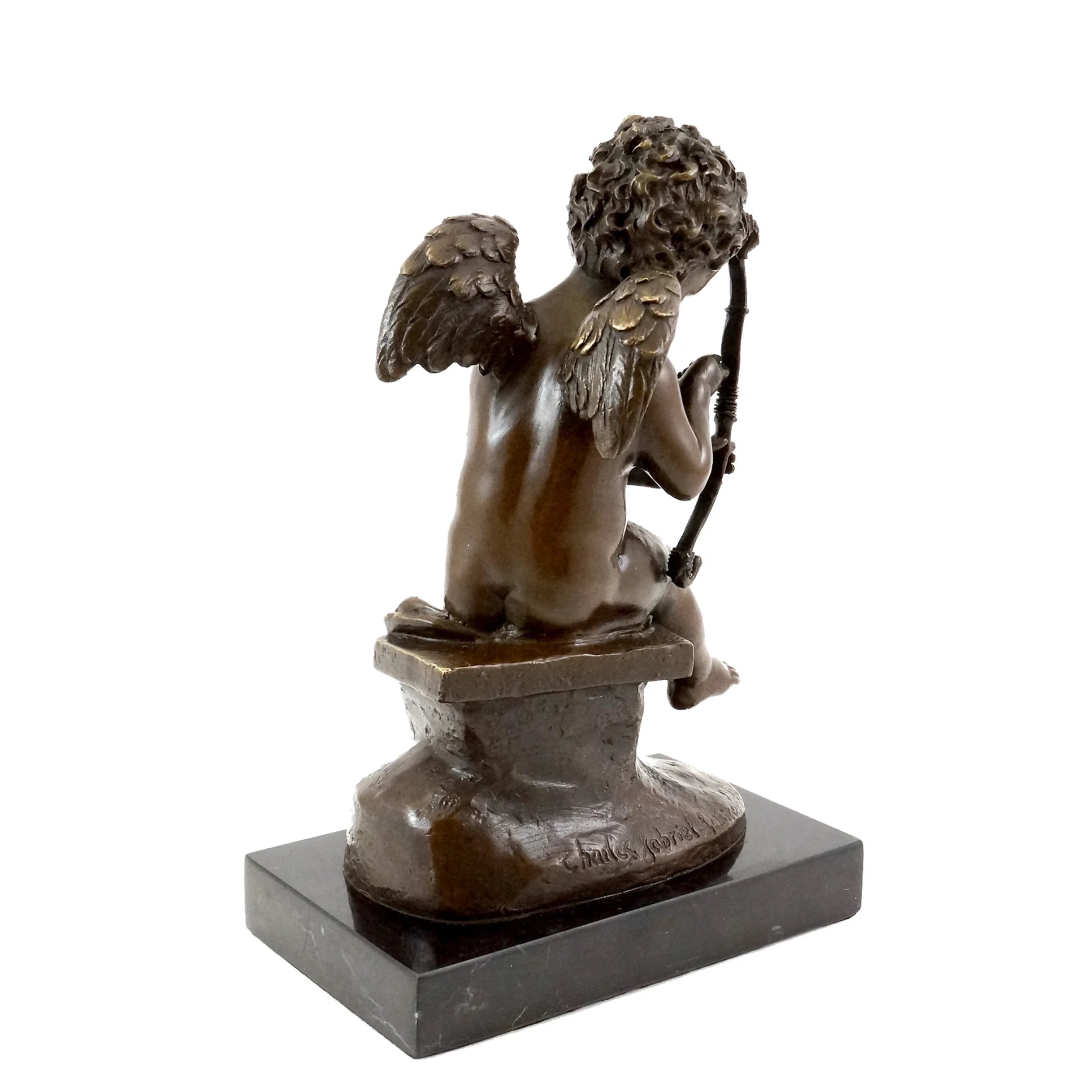 Rear view of Cupid repairing his bow bronze sculpture with classical mythological details