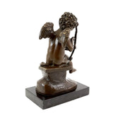 Rear view of Cupid repairing his bow bronze sculpture with classical mythological details