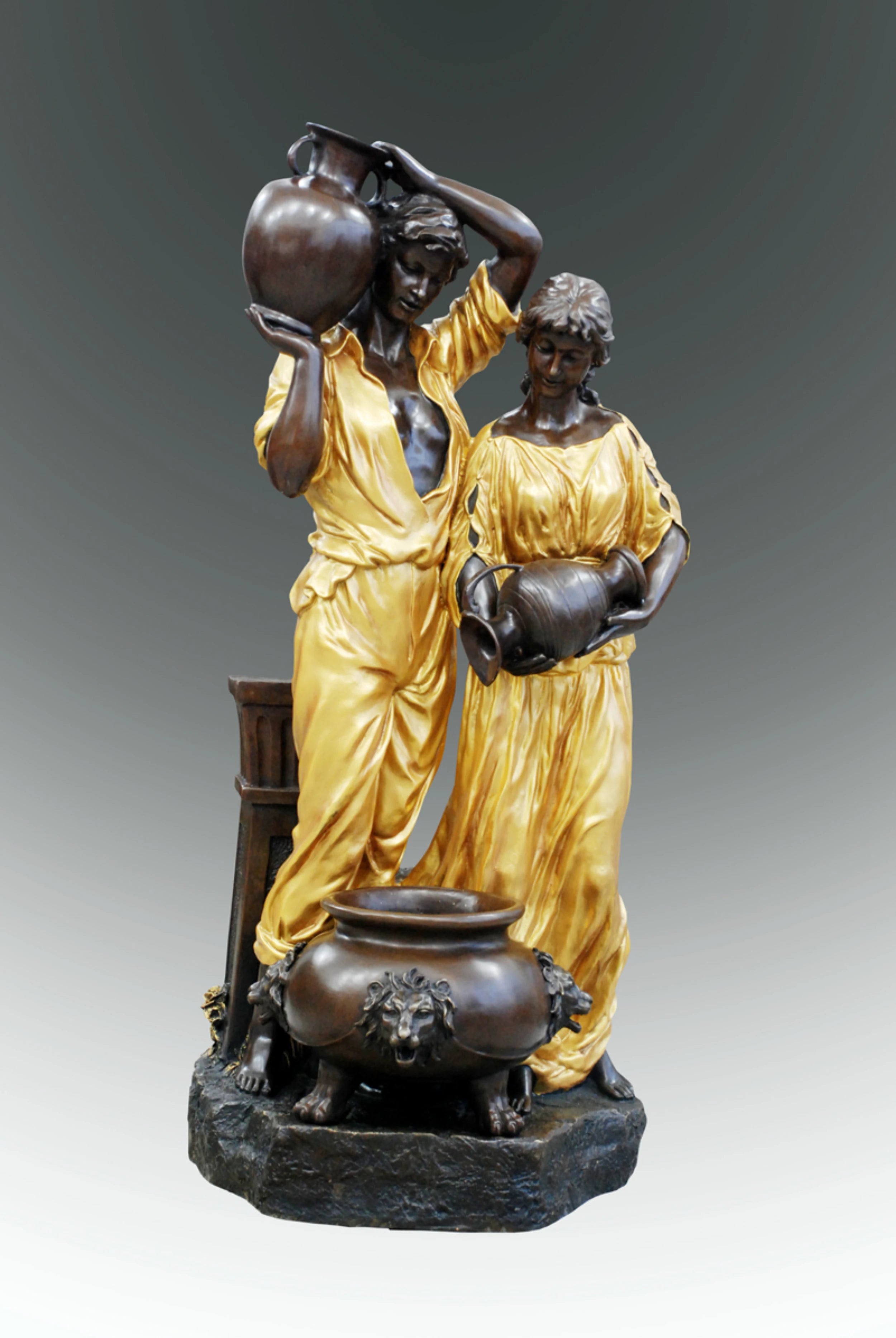 Handcrafted bronze couple fountain sculpture featuring classical male and female figures