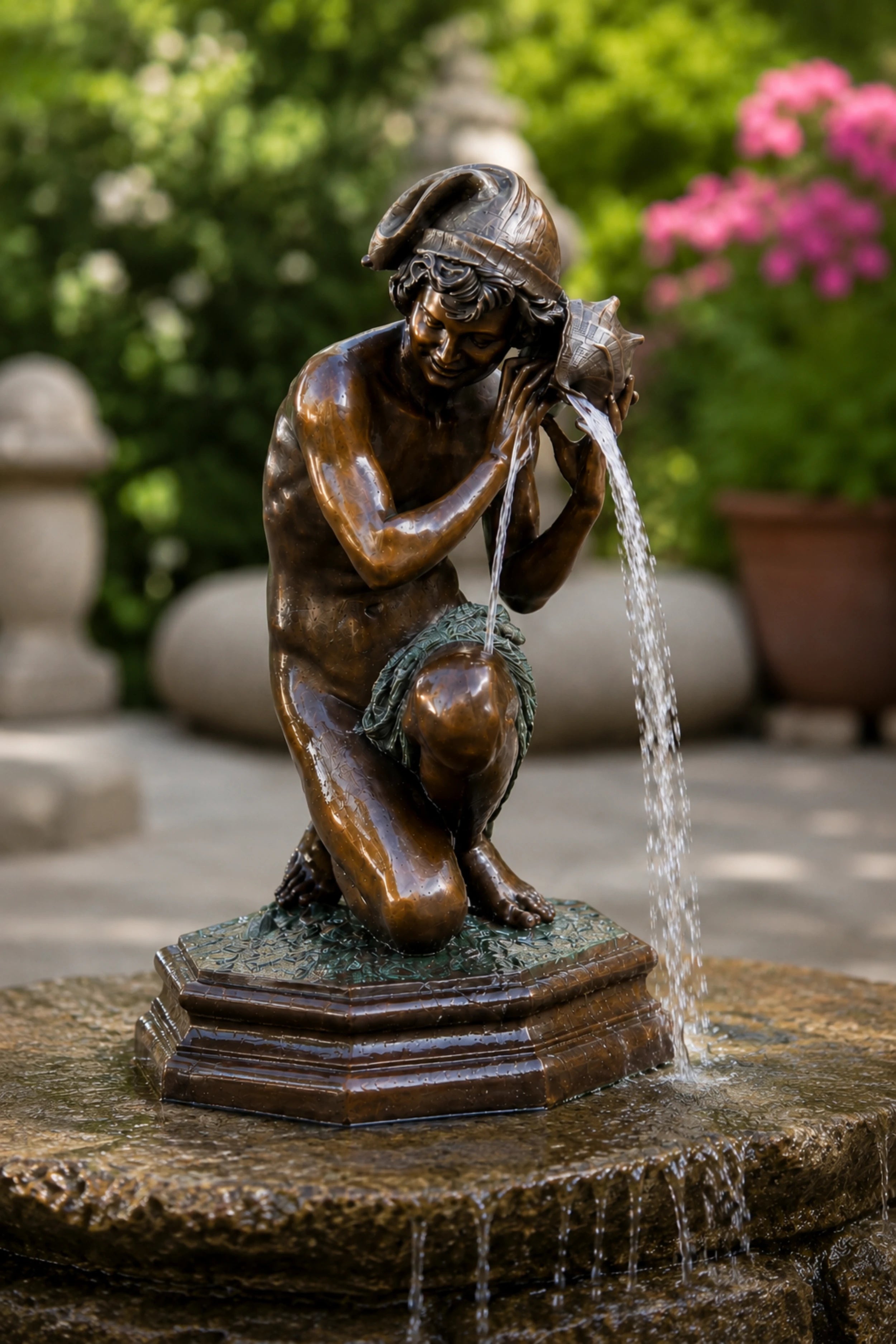 Large bronze little fisherman fountain listening to a conch shell water feature
