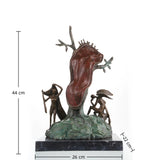 Dalí-inspired melting clock bronze sculpture with surreal figures and tree form. A striking statement piece exploring time, perception, and dreamlike reality.