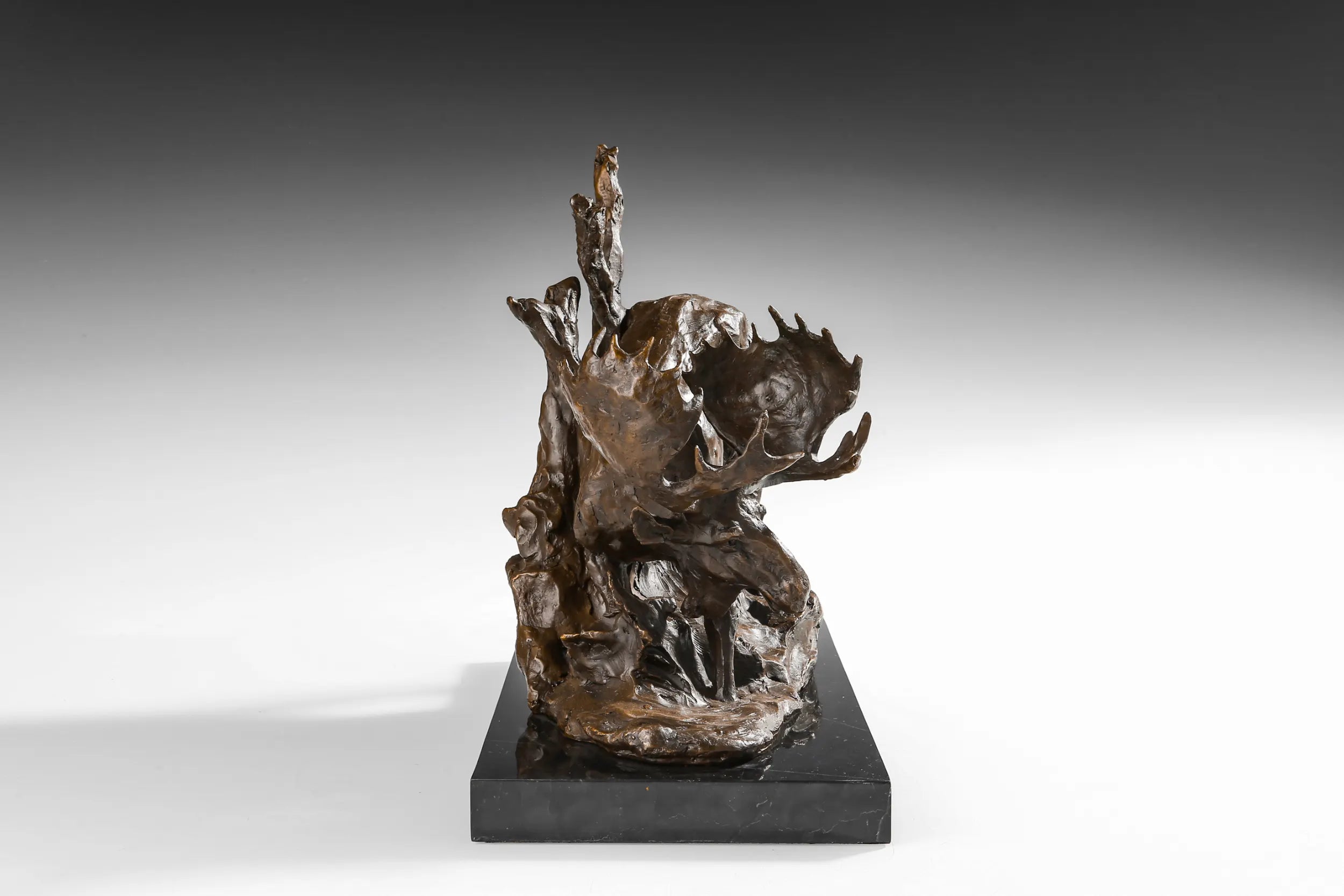 Descending Moose bronze sculpture detail view