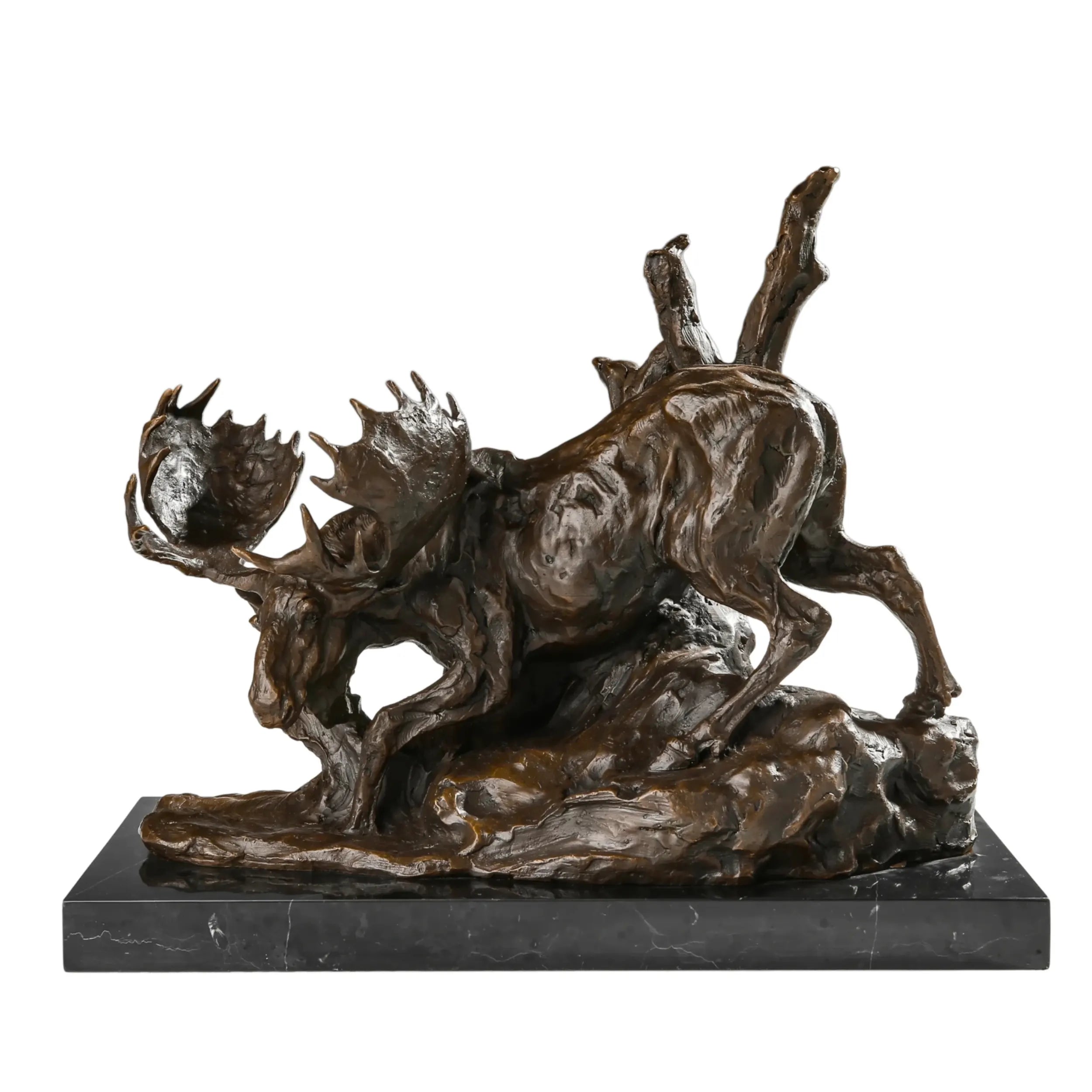 Front view of handcrafted descending moose bronze sculpture