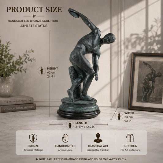 Classical Discobolus bronze sculpture of a discus thrower in a coiled pose, realistic ancient Greek athlete statue on tiered black marble base, loss wax casting fine art.