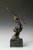 Solid bronze eagles sculpture on black marble base, powerful office decor for law firms and executives.