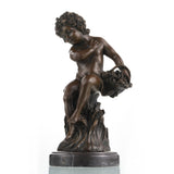 Exquisite bronze putto sculpture dreaming or sleeping, curly-haired cherub statue with flowers on round black marble base, loss wax casting classical fine art.
