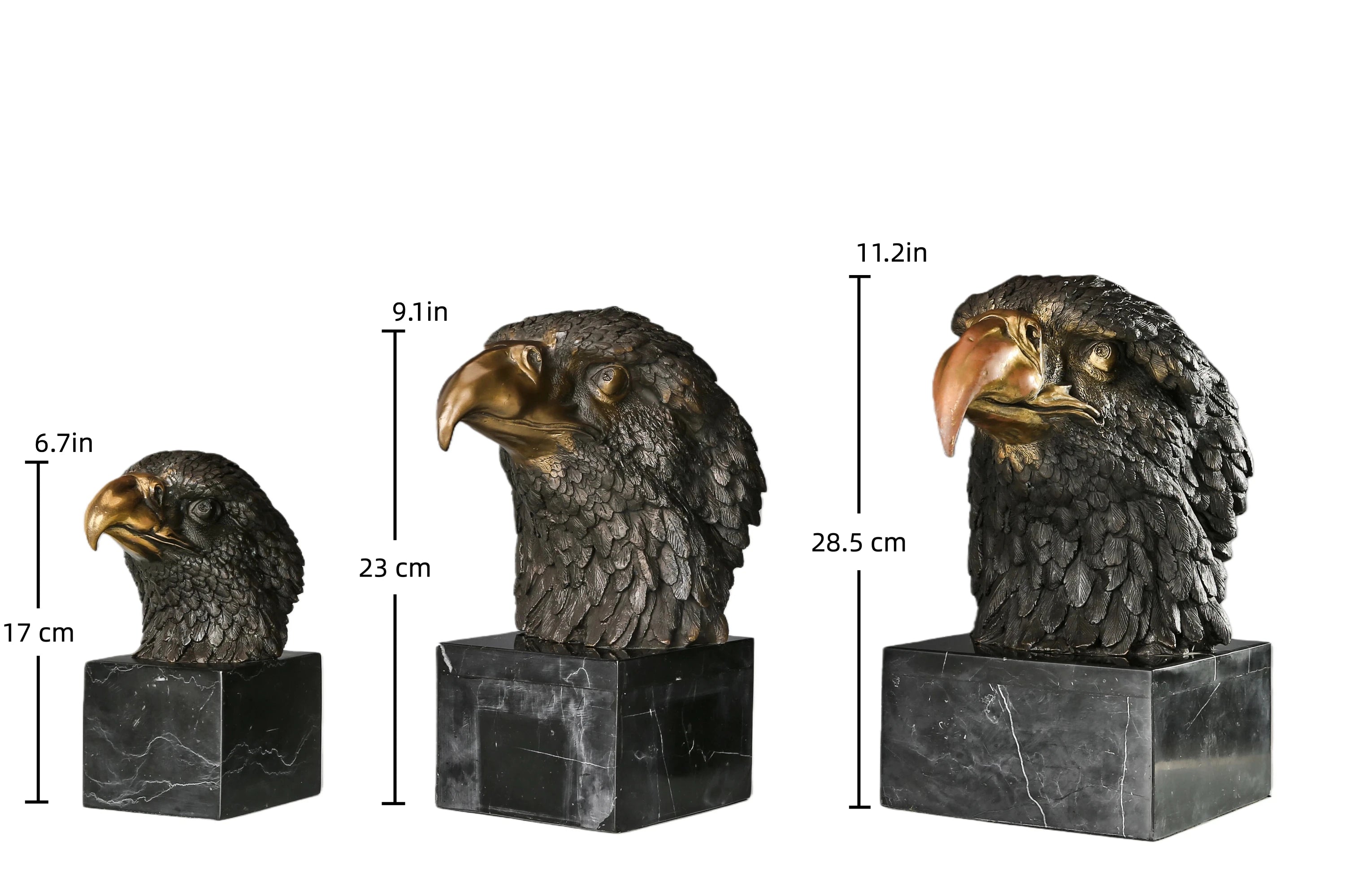 This is a striking bronze bust of a bald eagle, crafted using the lost-wax casting method. The piece captures the eagle in a regal, alert pose, its head turned slightly to the side, conveying a sense of sharp focus, authority, and untamed majesty. T