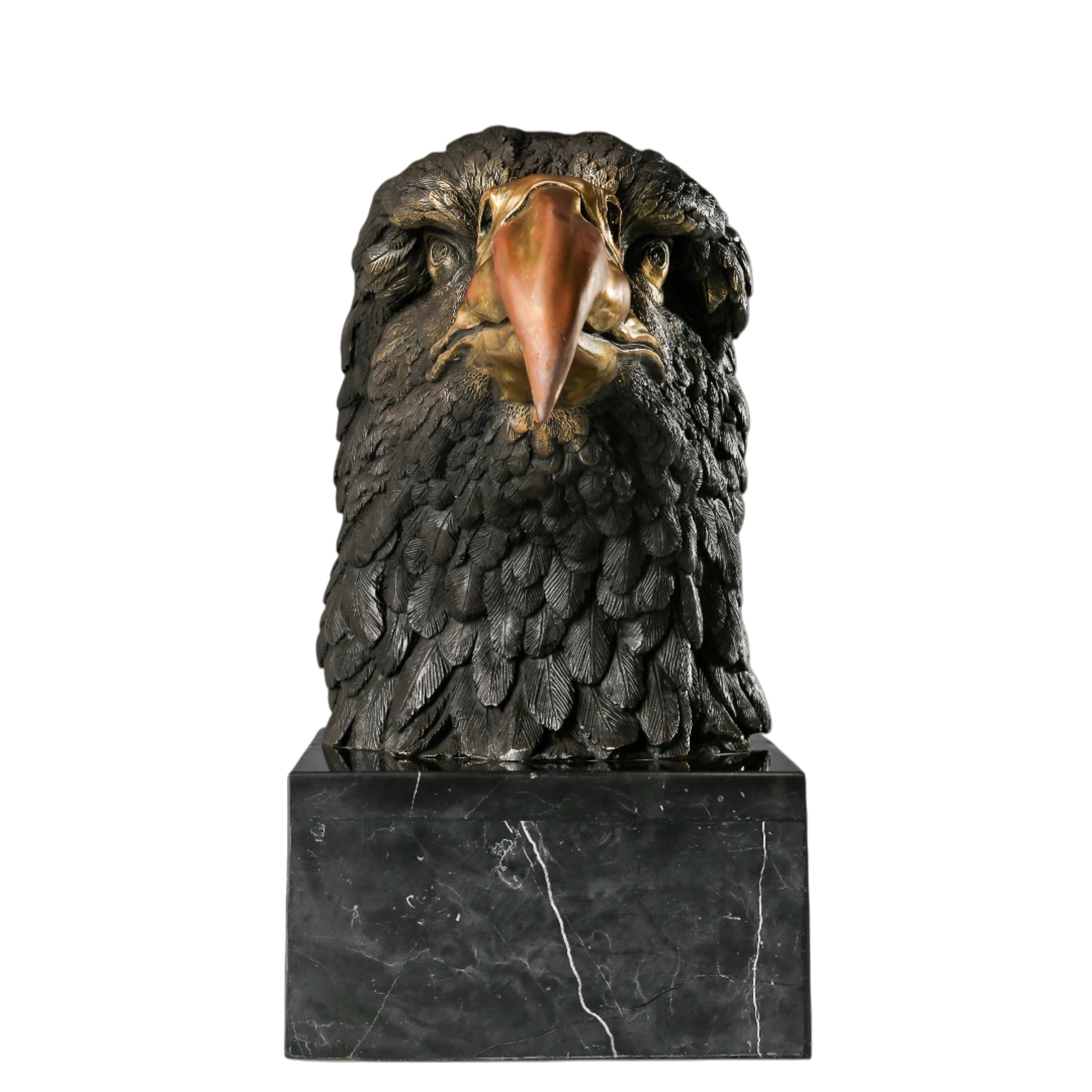 a striking bronze bust of a bald eagle, crafted using the lost-wax casting method. The piece captures the eagle in a regal, alert pose, its head turned slightly to the side, conveying a sense of sharp focus, authority, and untamed majesty.