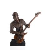 Realistic bronze rock guitarist bust with electric guitar, music themed sculpture on black marble base, edgy decor for recording studios.