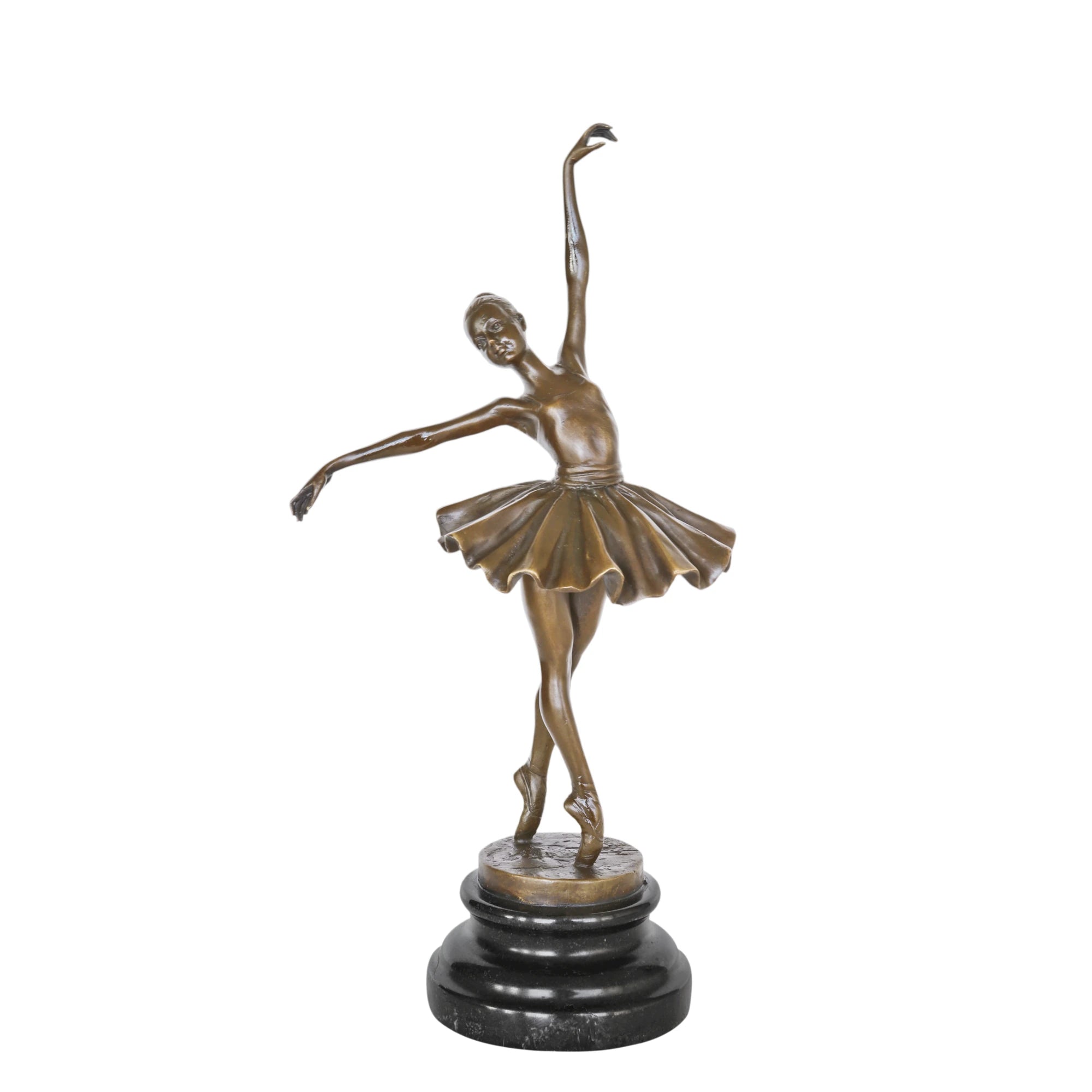 Front view of elegant ballerina bronze sculpture with one arm raised and the other extended outward