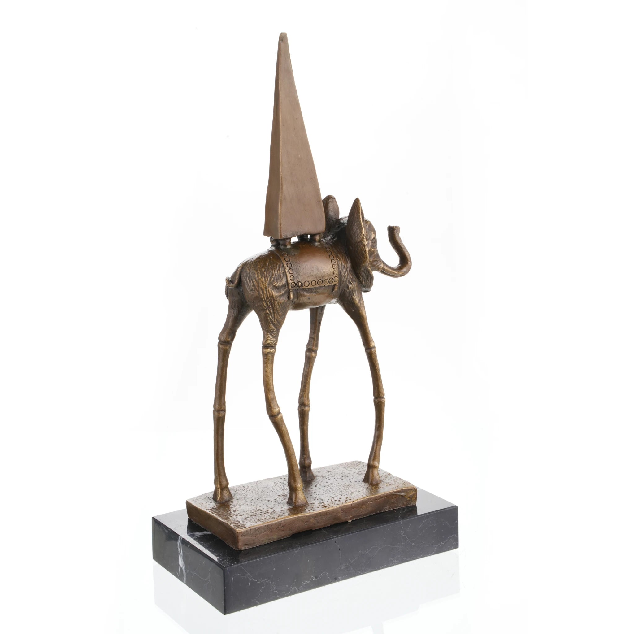 this bronze elephant on stilts sculpture features elongated legs and an obelisk motif. A striking surrealist art piece for collectors and modern interiors.