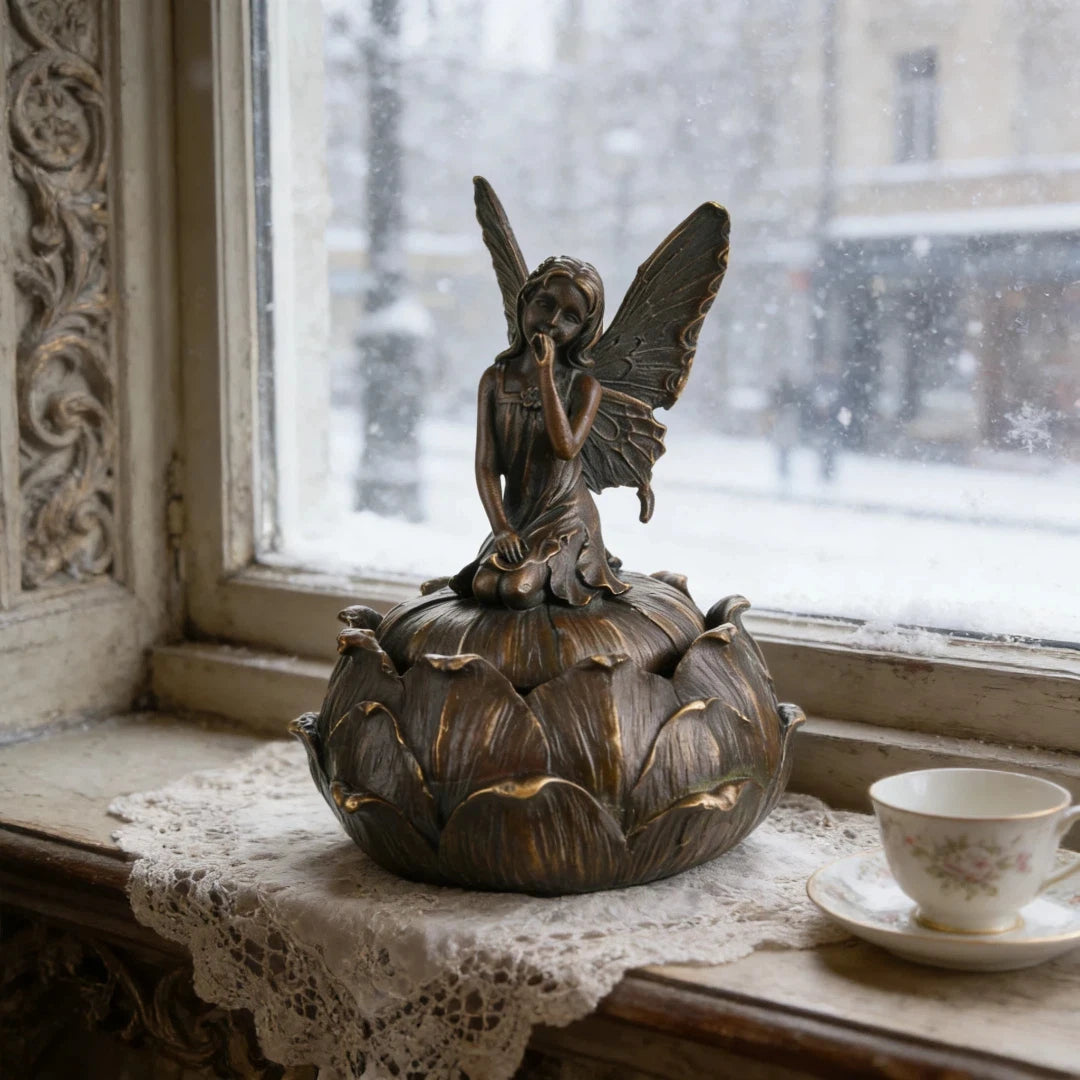 Bronze fairy on lotus lidded trinket box, butterfly wing pixie sculpture with hush gesture, lotus flower jewelry storage jar, handcrafted lost wax casting fantasy art.