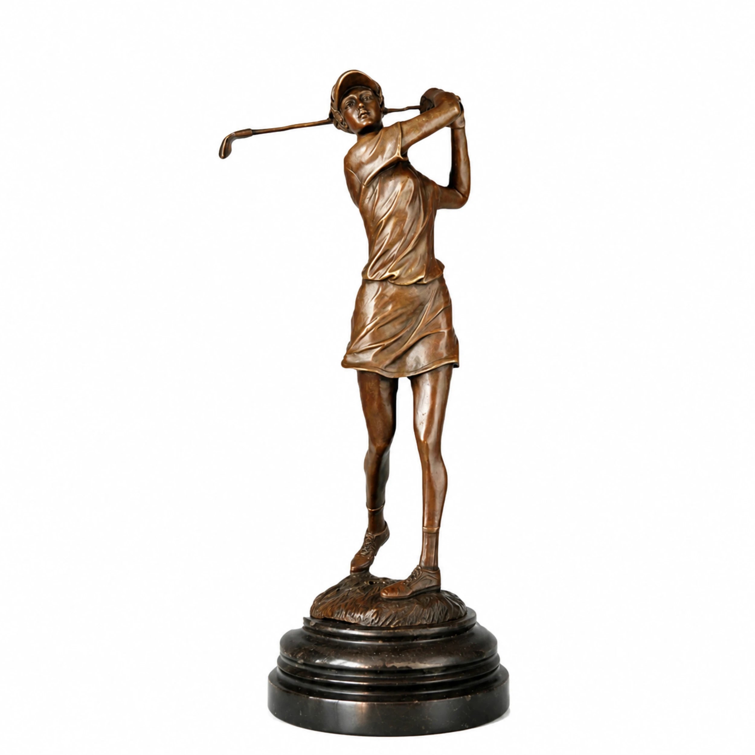 Female Golfer Follow-Through Bronze Sculpture on a white background