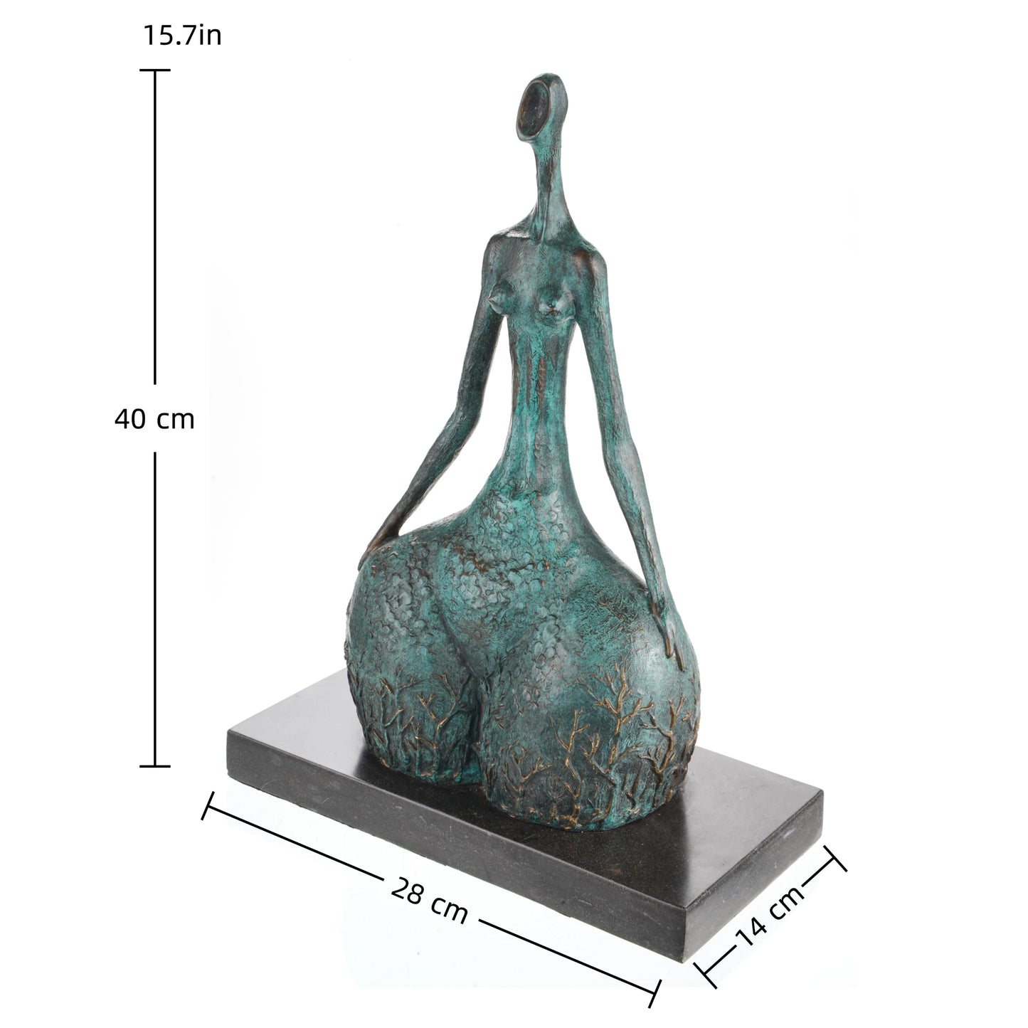 Contemporary abstract bronze female sculpture with green verdigris patina and golden branch motifs, faceless nature-inspired woman statue on black marble base, loss wax casting fine art.