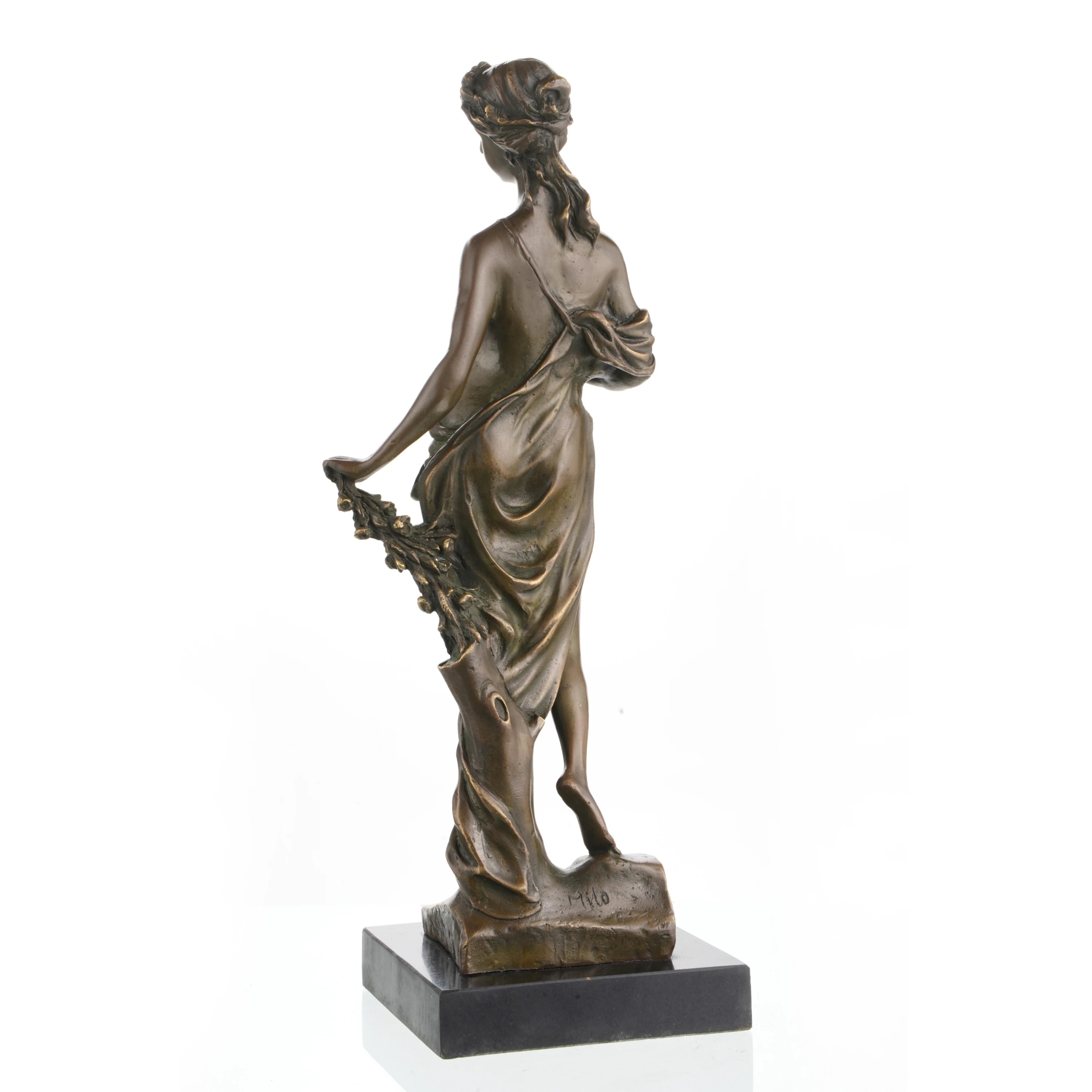 this classical female sculpture features flowing drapery and a black marble base. A perfect 8th-anniversary gift or mythology art for luxury home decor.