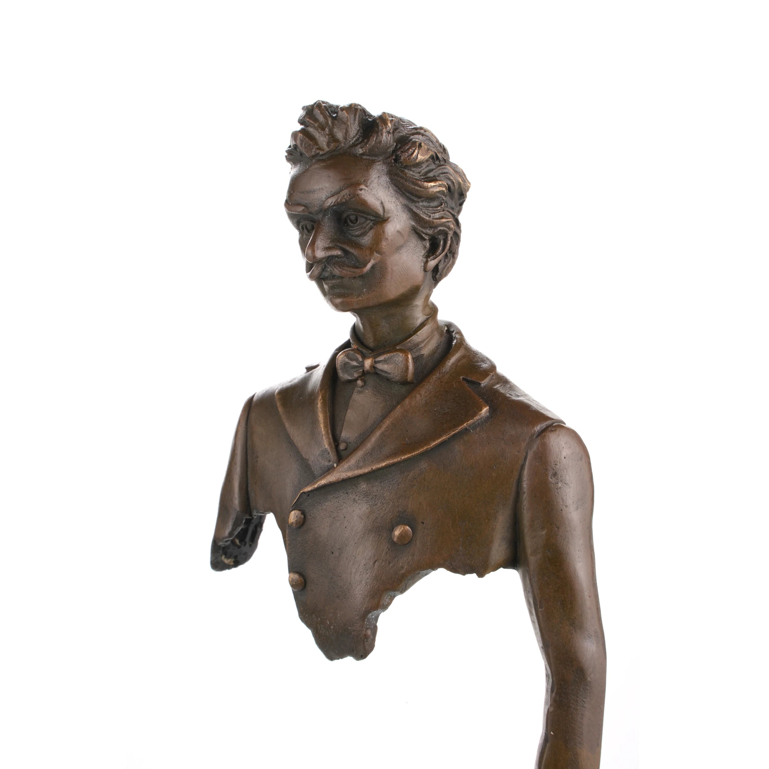 Close-up of fragmented violinist bronze sculpture