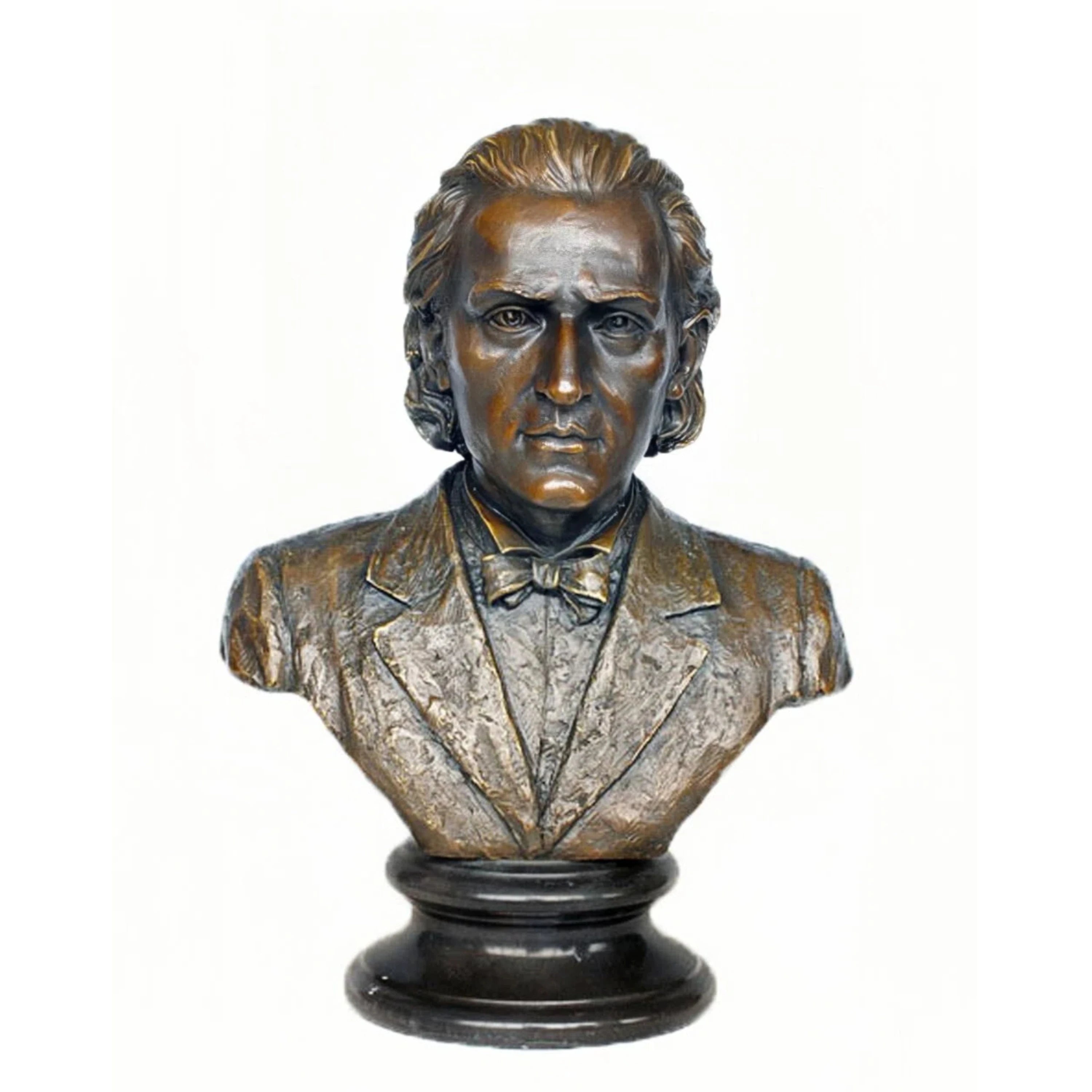 Handcrafted Frédéric Chopin bronze bust with detailed facial features and formal classical attire