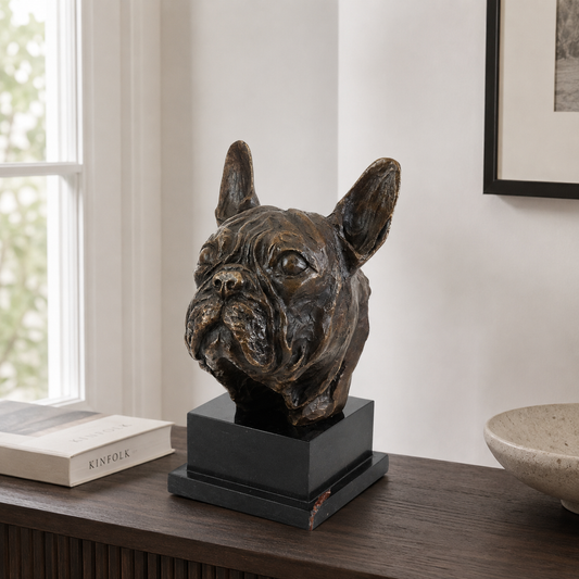 French Bulldog Bust Bronze Sculpture displayed in a styled interior