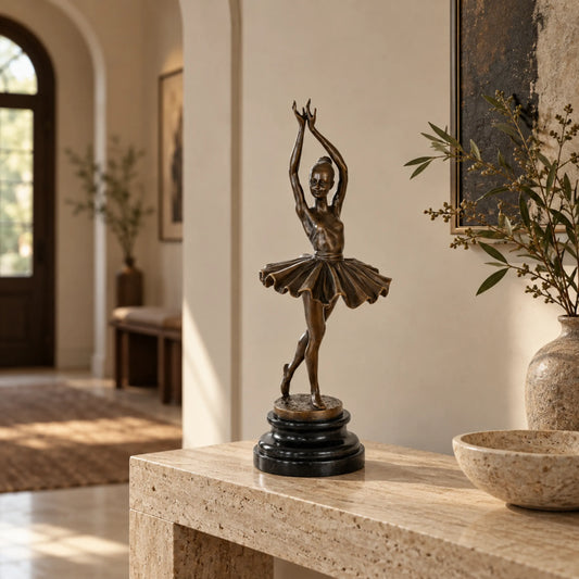 Graceful ballerina bronze sculpture displayed on a console table in an elegant modern living room