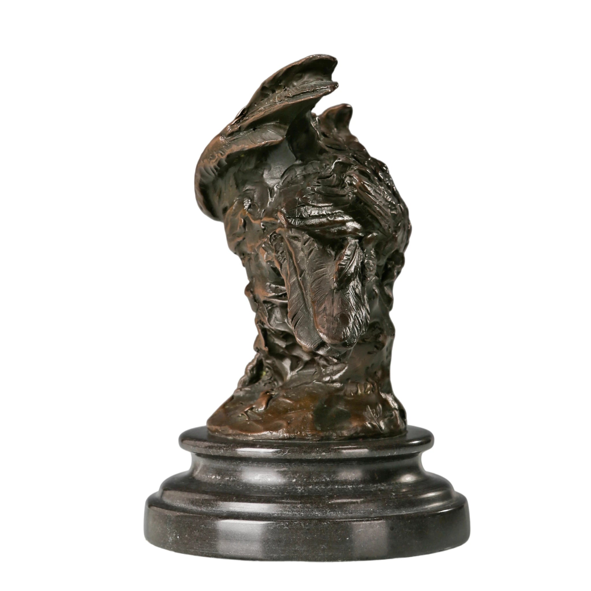 Rear view of Guardian Owl bronze sculpture showing layered wings and sculptural feather details