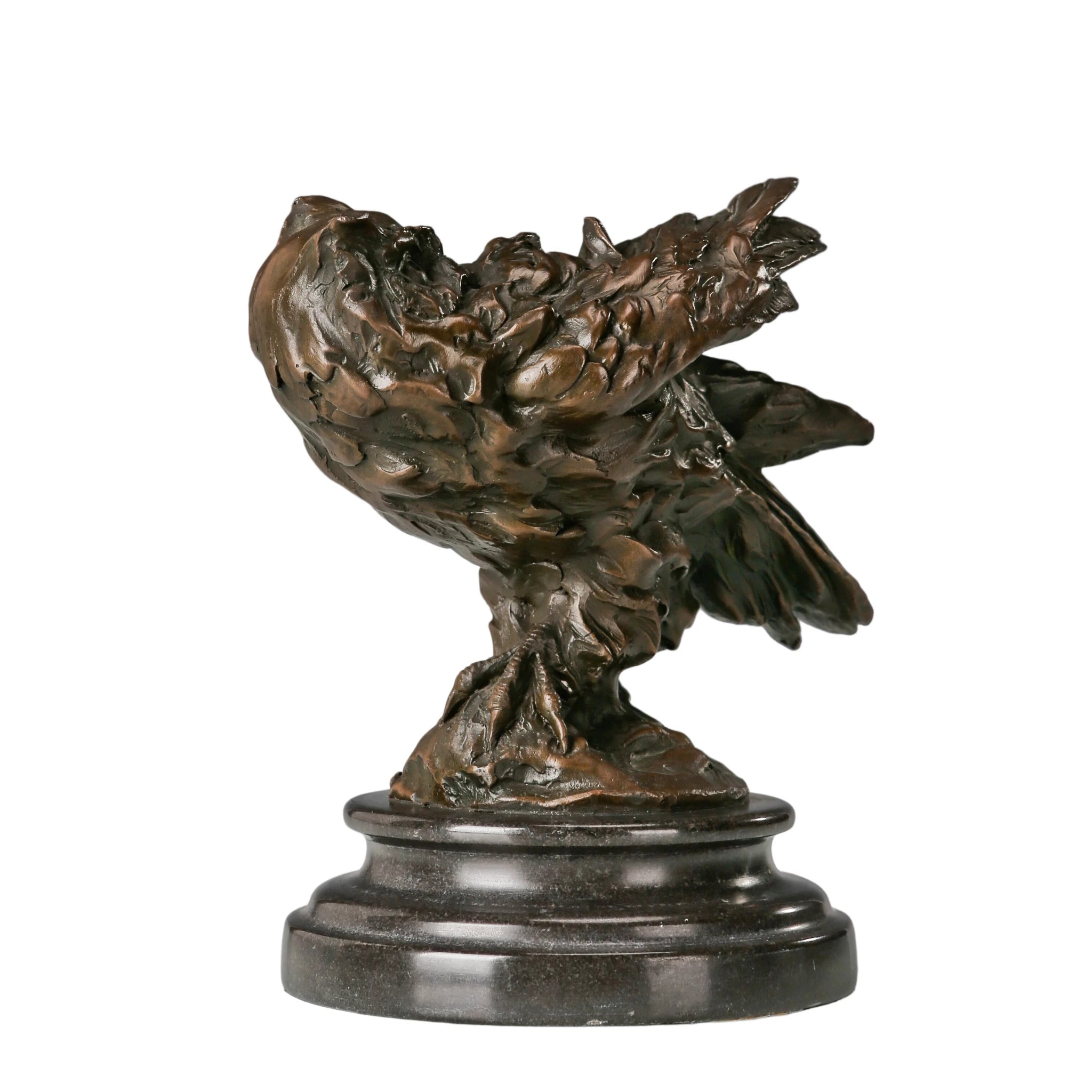 Left side view of bronze Guardian Owl sculpture with detailed wing feathers and alert posture