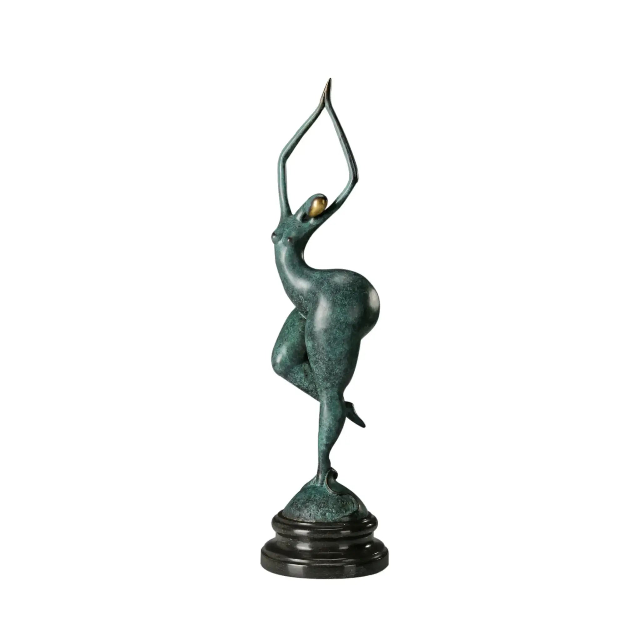 Abstract female gymnast bronze statue balancing on one leg with arms overhead, green patina and black marble base