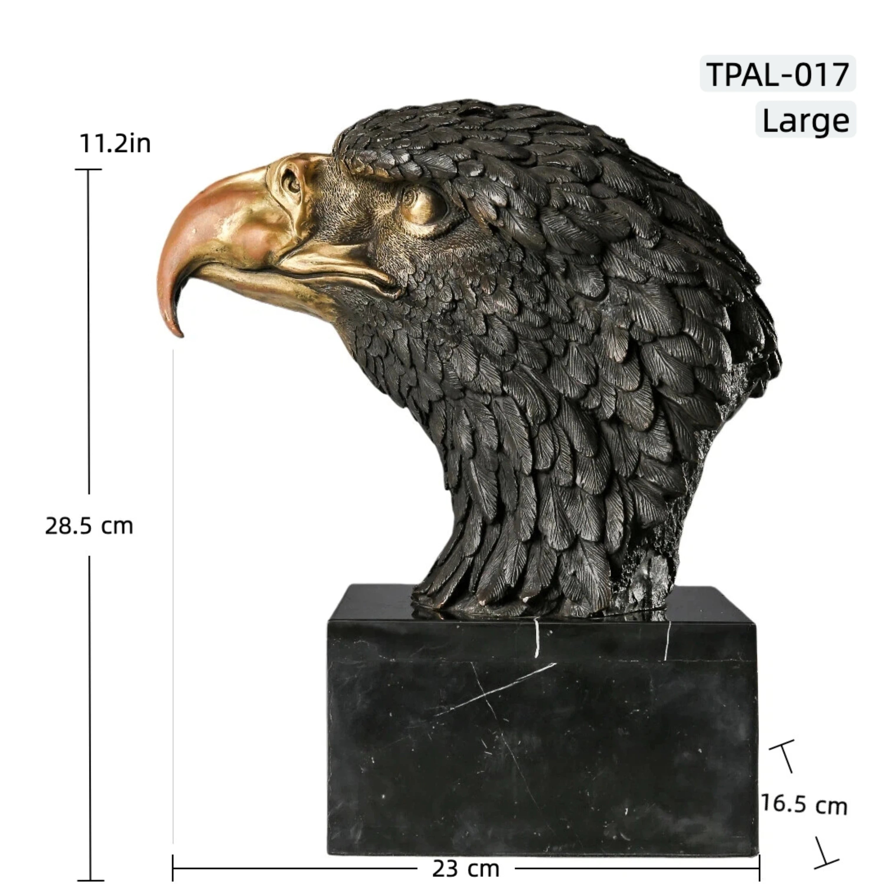 Majestic bald eagle bronze bust sculpture with detailed feathers and marble base. A powerful wildlife statue symbolizing freedom, strength, and leadership.