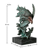 Abstract bronze eagle head sculpture with striking verdigris patina and marble base. A bold wildlife statue symbolizing freedom, strength, and vision.