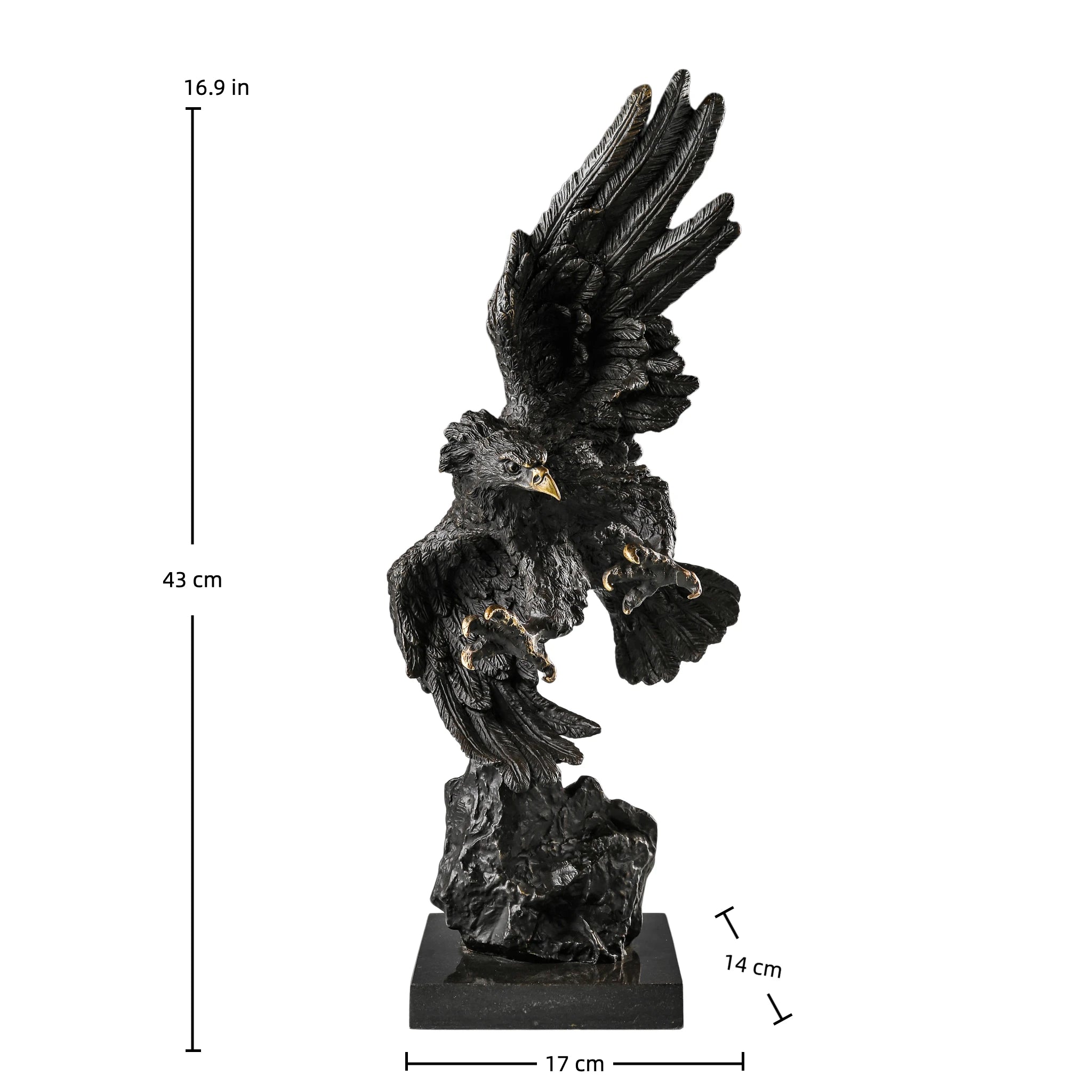 Dynamic bald eagle bronze sculpture in a powerful diving pose with marble base. A striking wildlife statue symbolizing strength, freedom, and leadership.