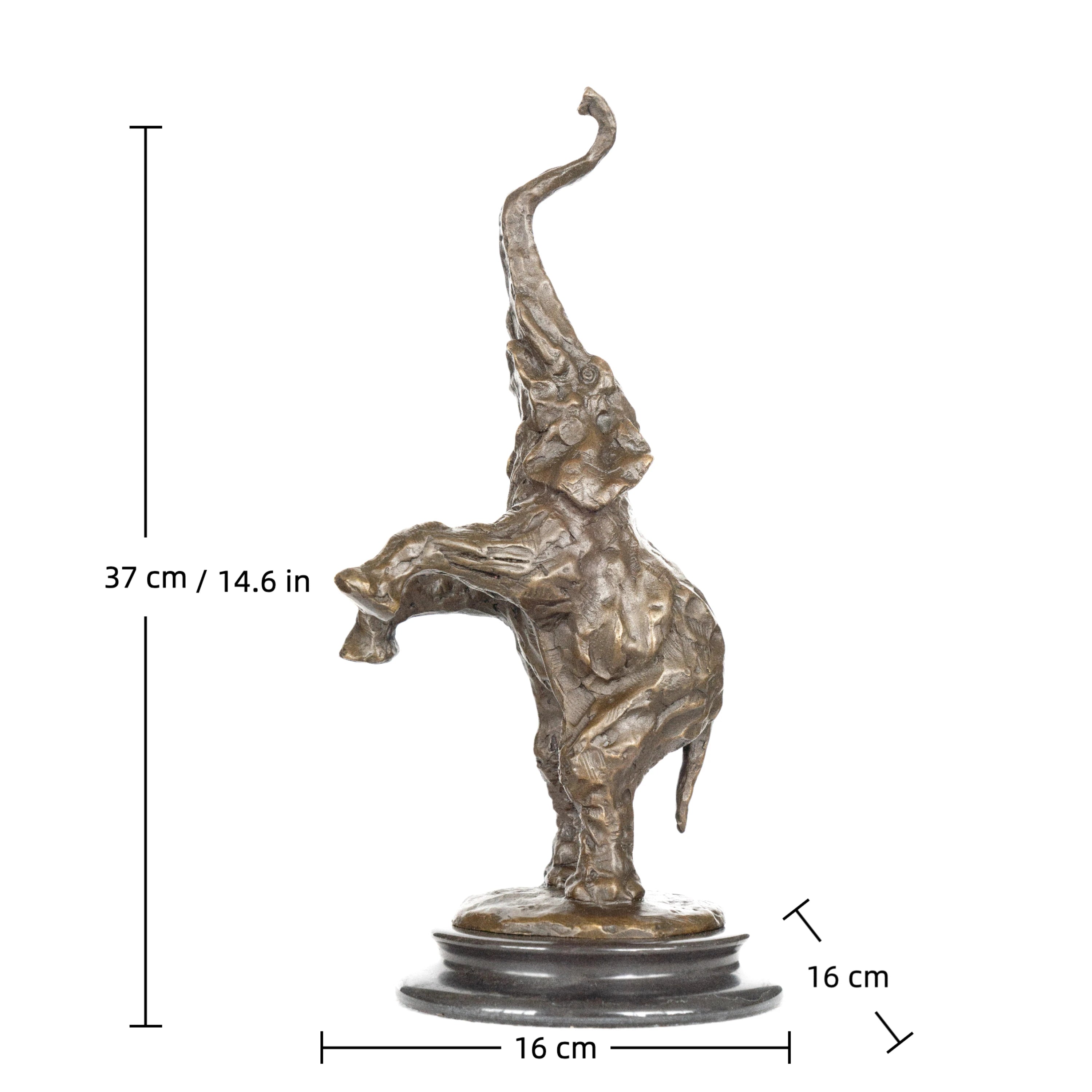 a highly expressive, abstract bronze sculpture of an elephant calf, crafted using the lost-wax casting method. The piece captures the young elephant in a playful, rearing pose—one front leg lifted, trunk curled high into the air, and head tilted upward—conveying a sense of unbridled joy, vitality, and whimsy.