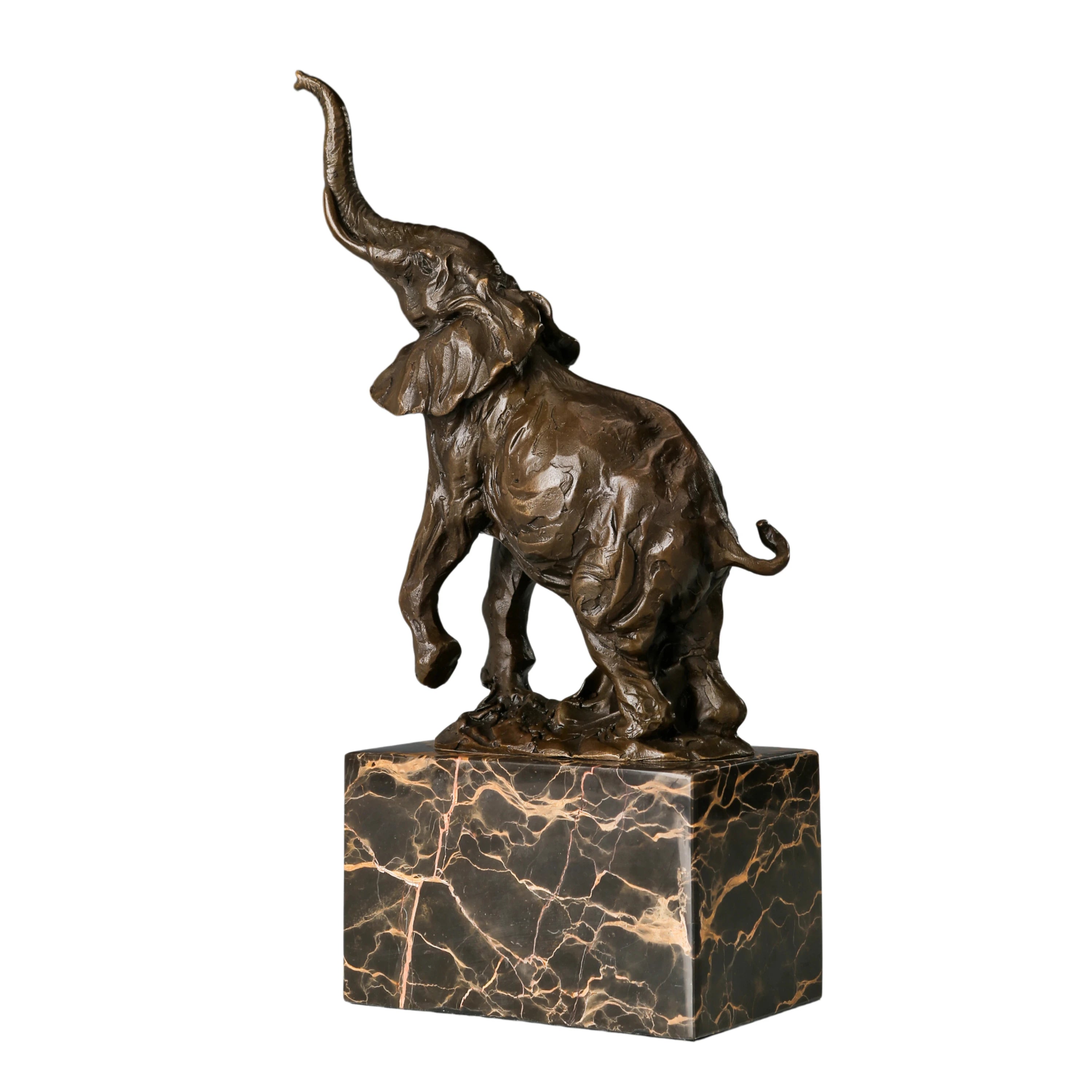Playful elephant calf bronze sculpture with raised trunk and textured patina. A charming wildlife statue symbolizing joy, luck, and new beginnings.